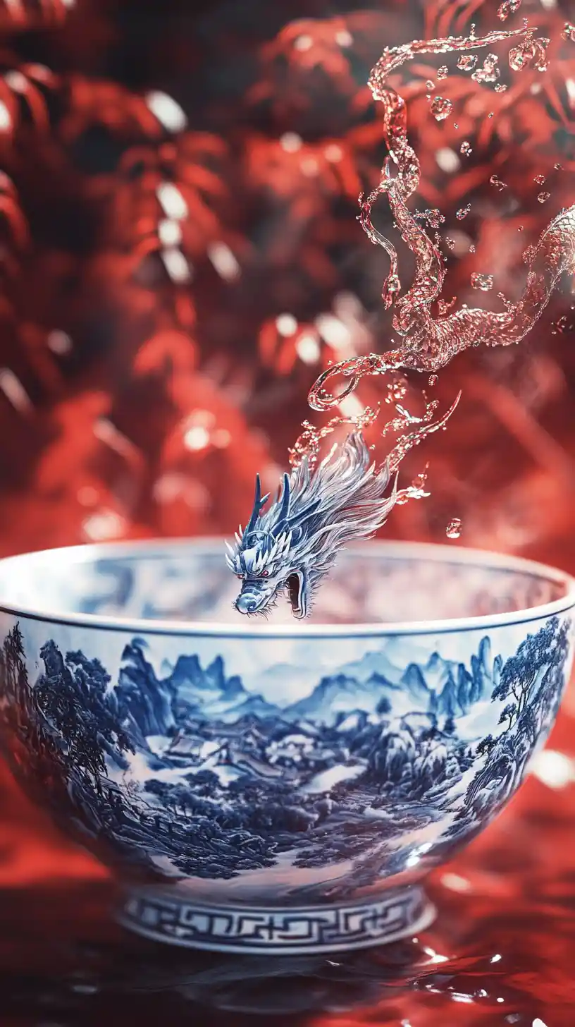 Close up still life of a glowing chinese porcelain bowl