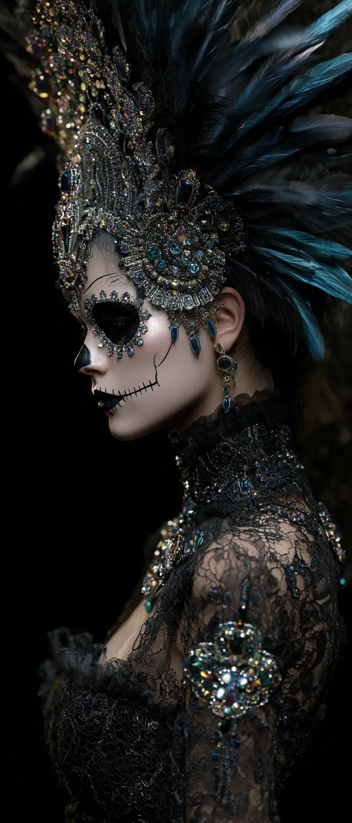 Ink portrait of woman with sugar skull makeup profile