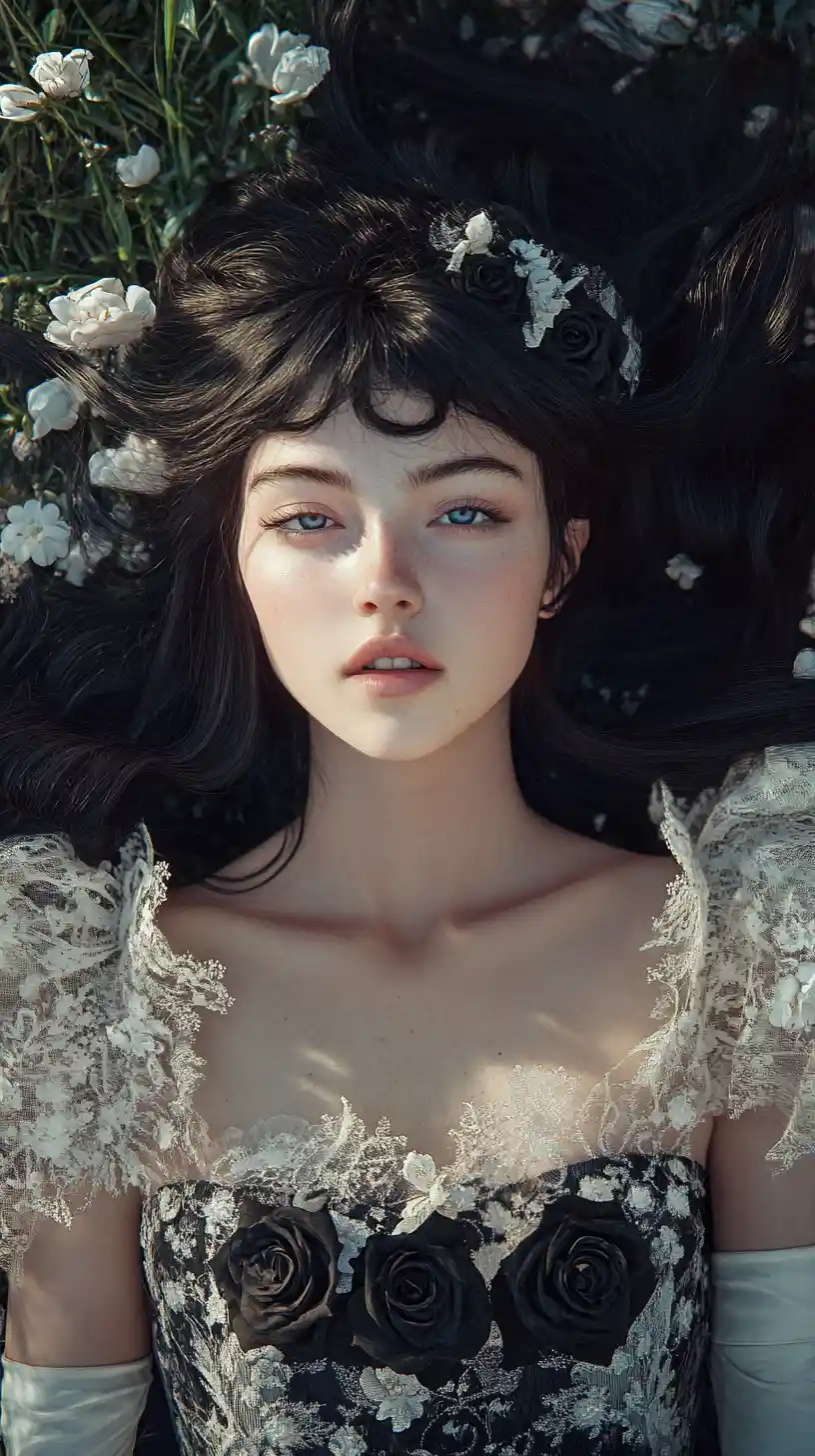 Young woman lying in a dreamy flower meadow portrait