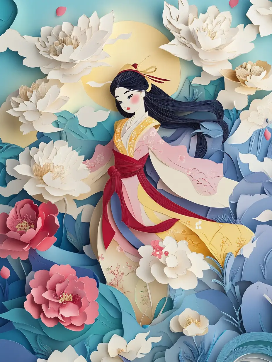 Paper cut animation of Mulan in a heroic fantasy scene