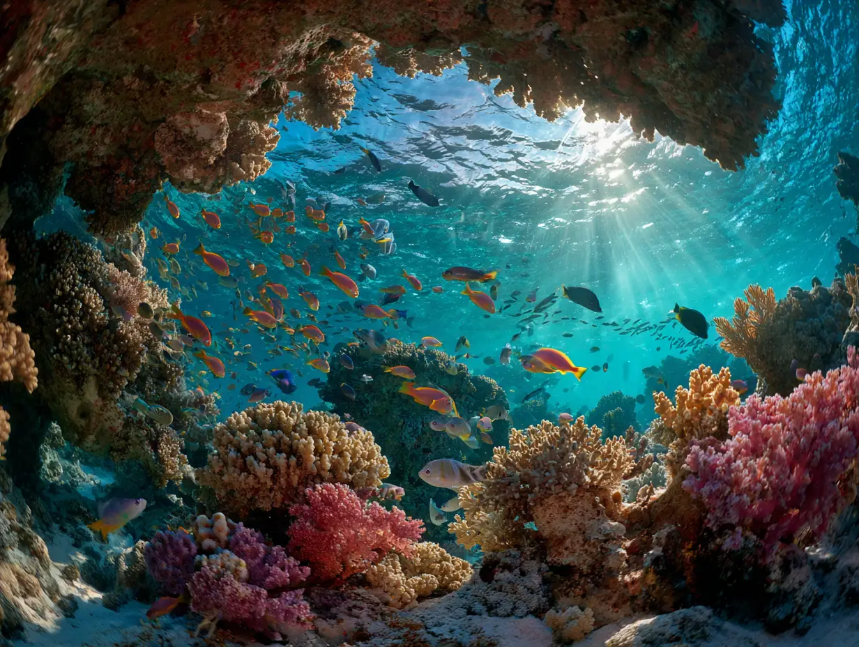 Underwater coral reef with camera and vibrant marine life
