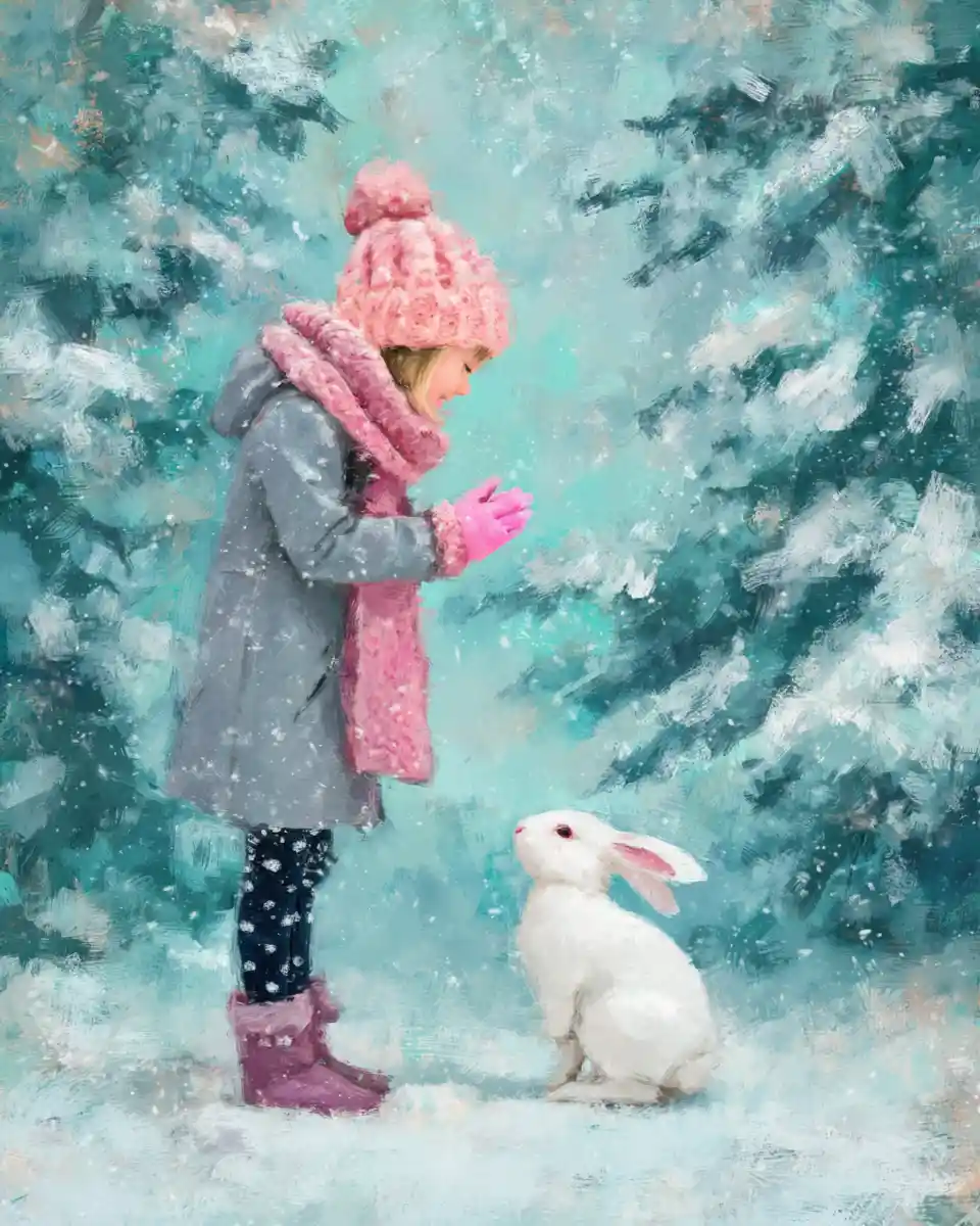 Little girl playing with a white rabbit in winter forest