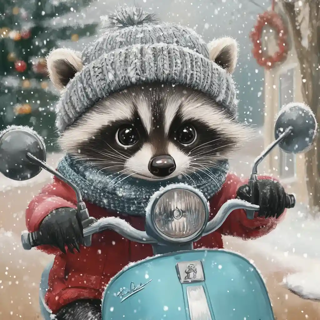 Cute raccoon riding a scooter in a snowy village