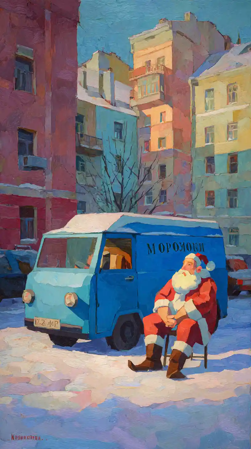 Cheerful Soviet Santa In A Blue Ice Cream Van
