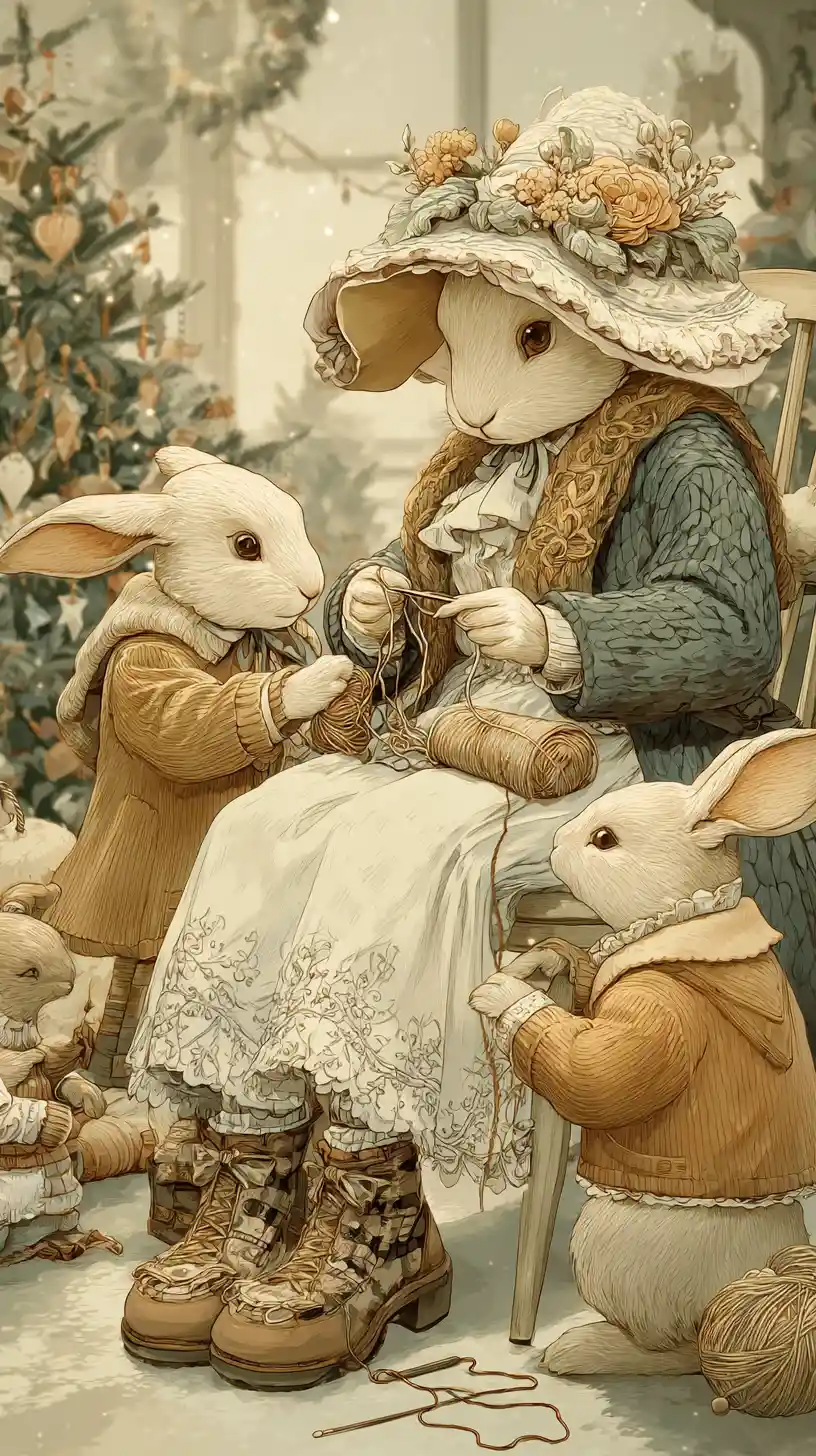 Cozy Rabbits Knitting Together In A Festive Room