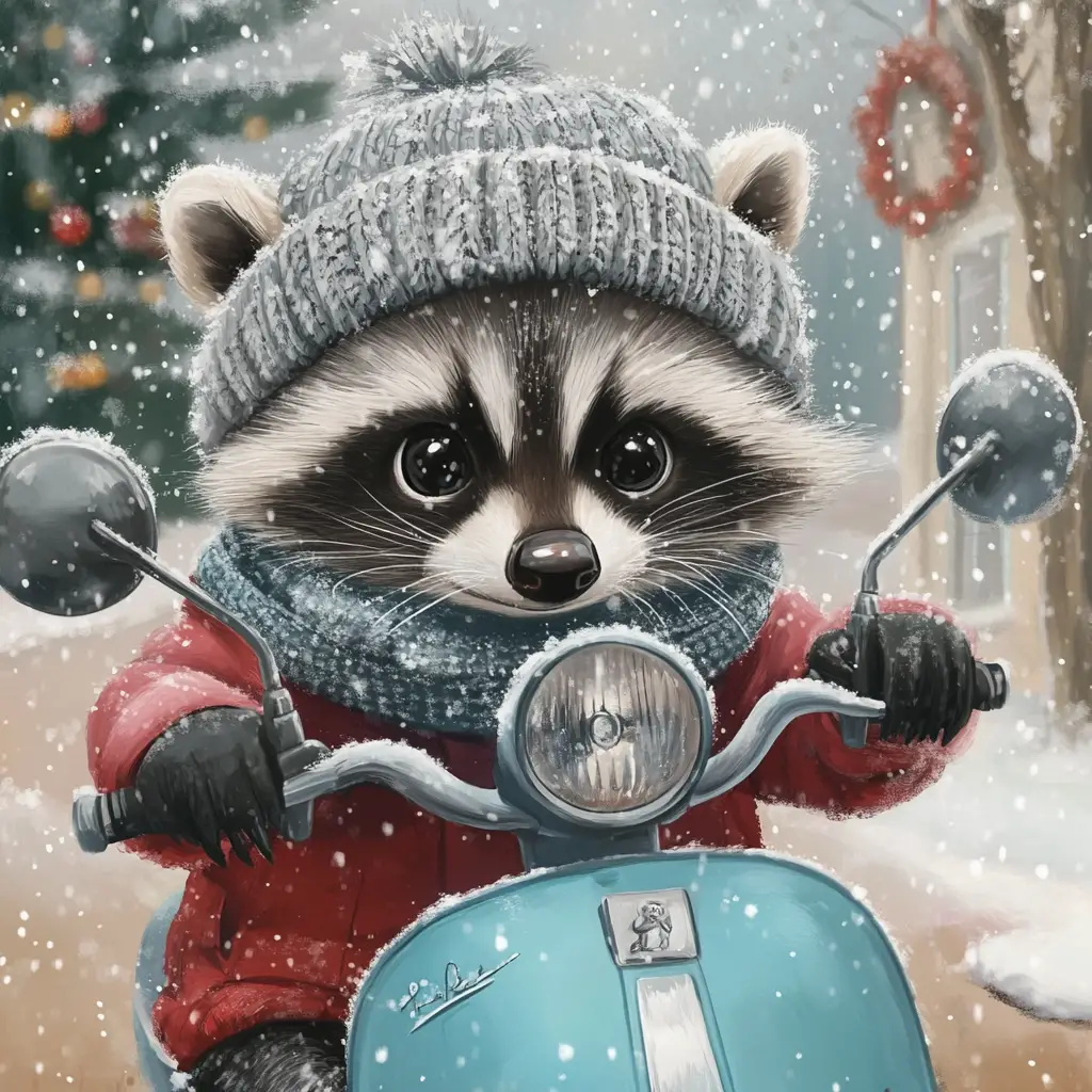 Cute raccoon riding a scooter in a snowy village