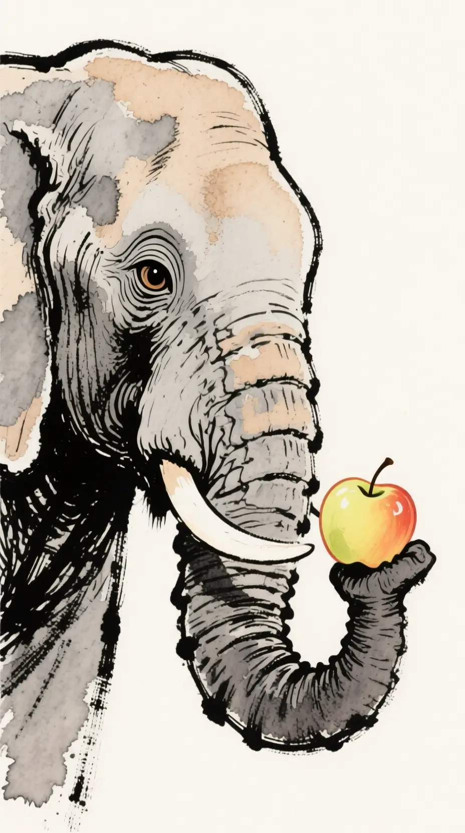 Ink illustration of a wise elephant with an apple