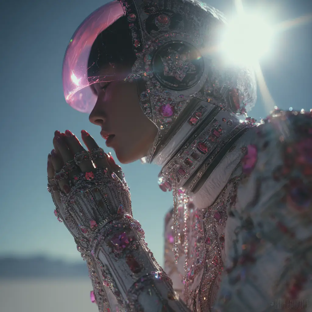 Futuristic Gucci astronaut woman on alien world in profile