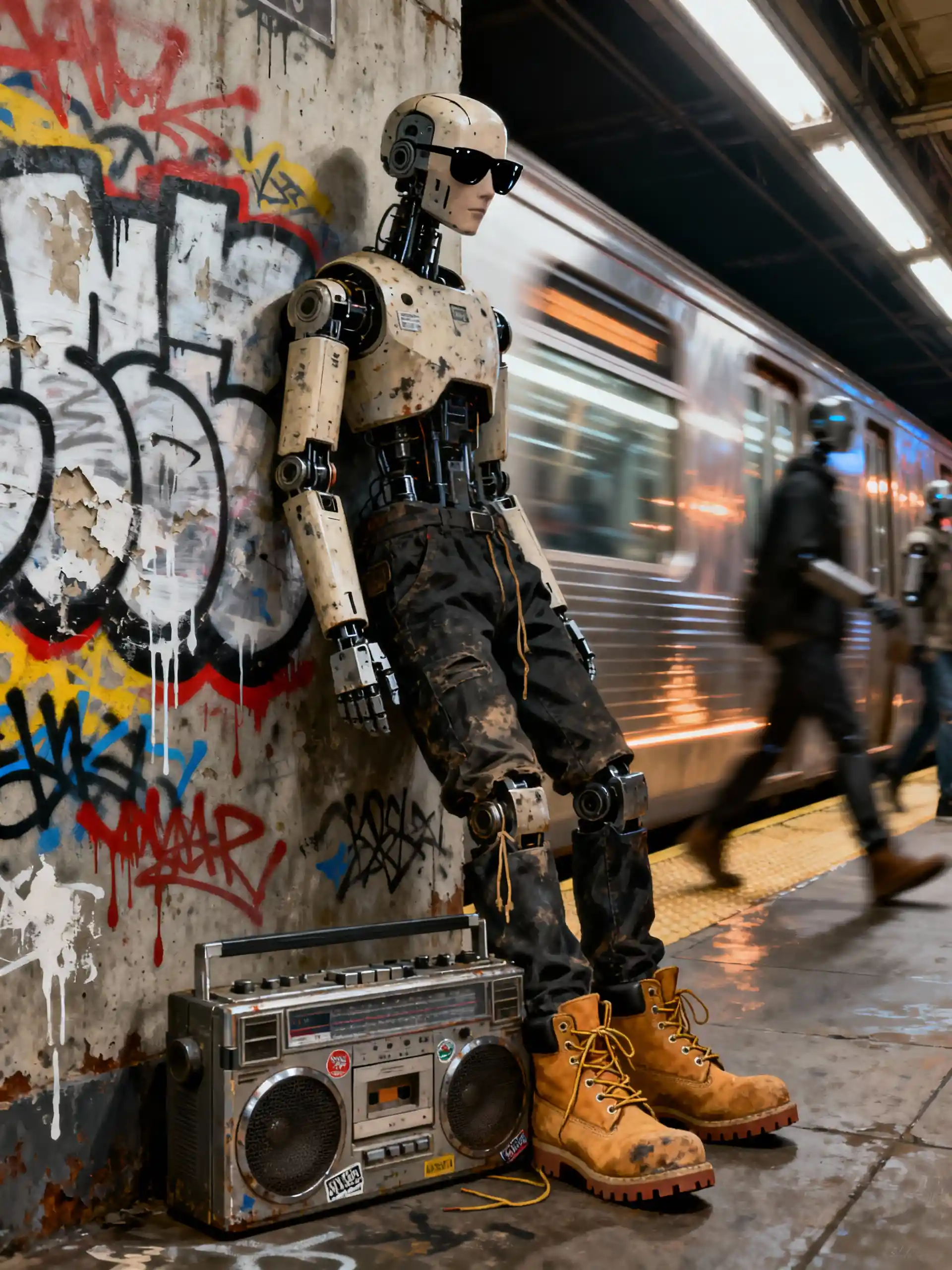 落書きだらけの都市の駅で待つヒューマノイドロボット