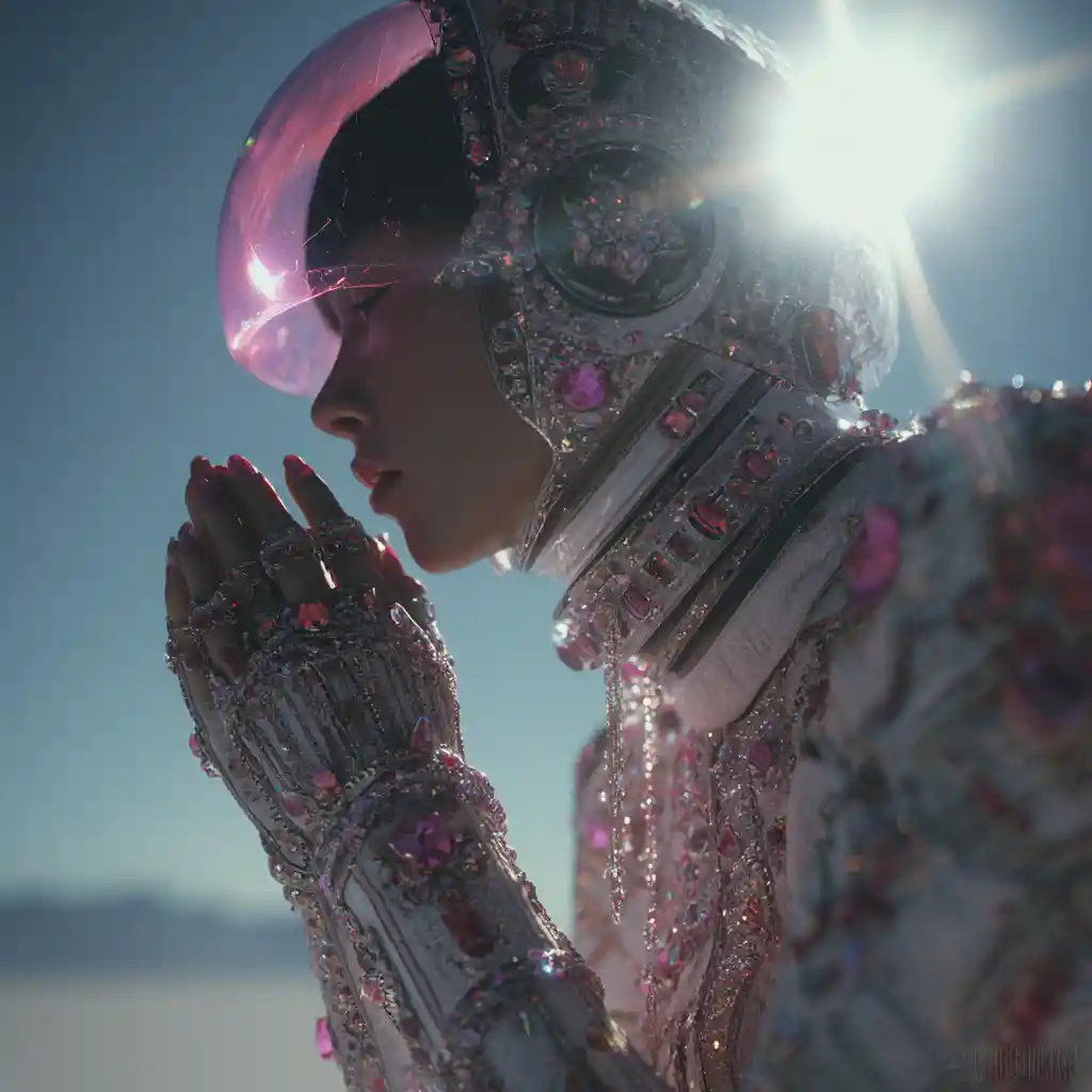 Futuristische Gucci-Astronautin im Profil auf einer fremden Welt