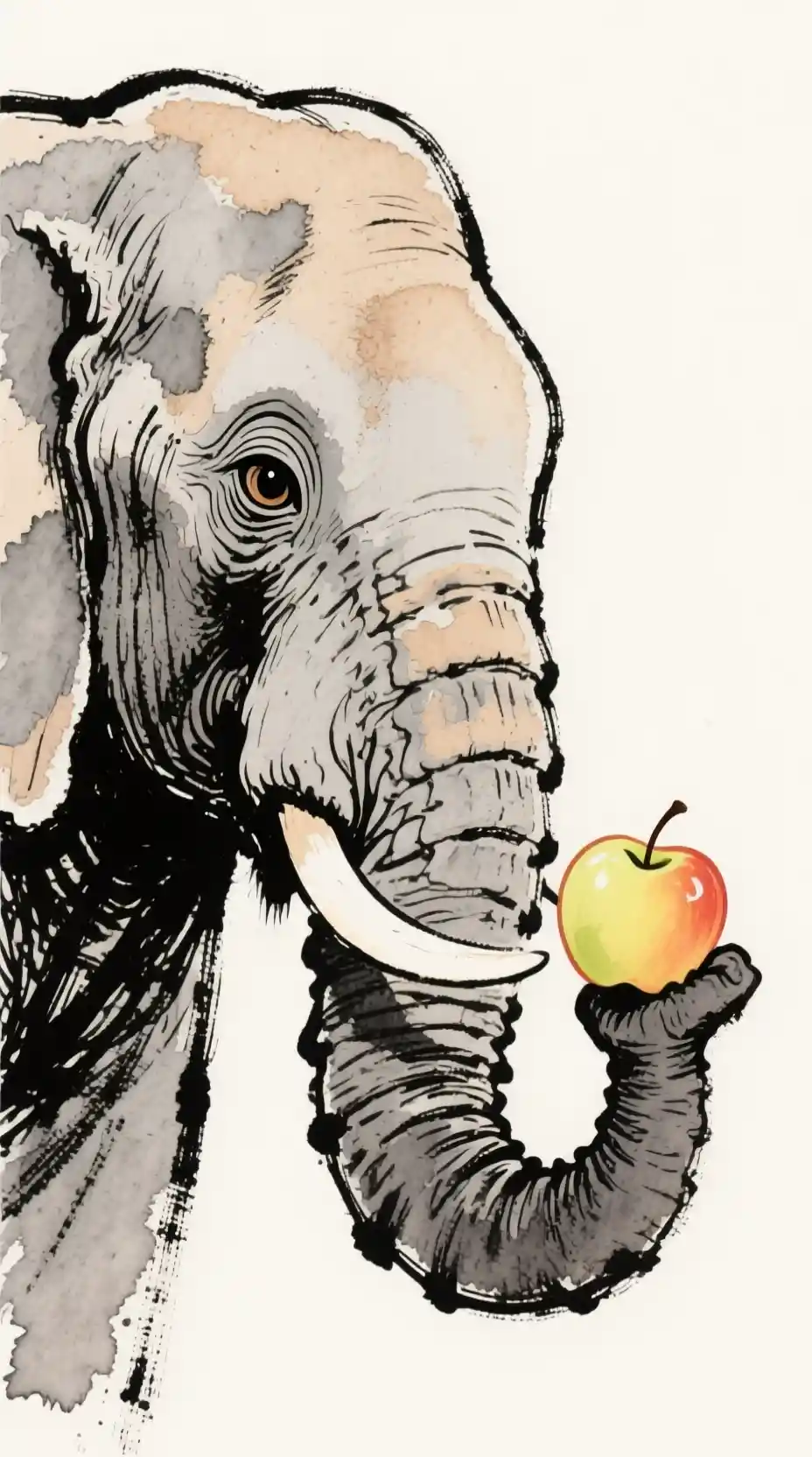Ink illustration of a wise elephant with an apple