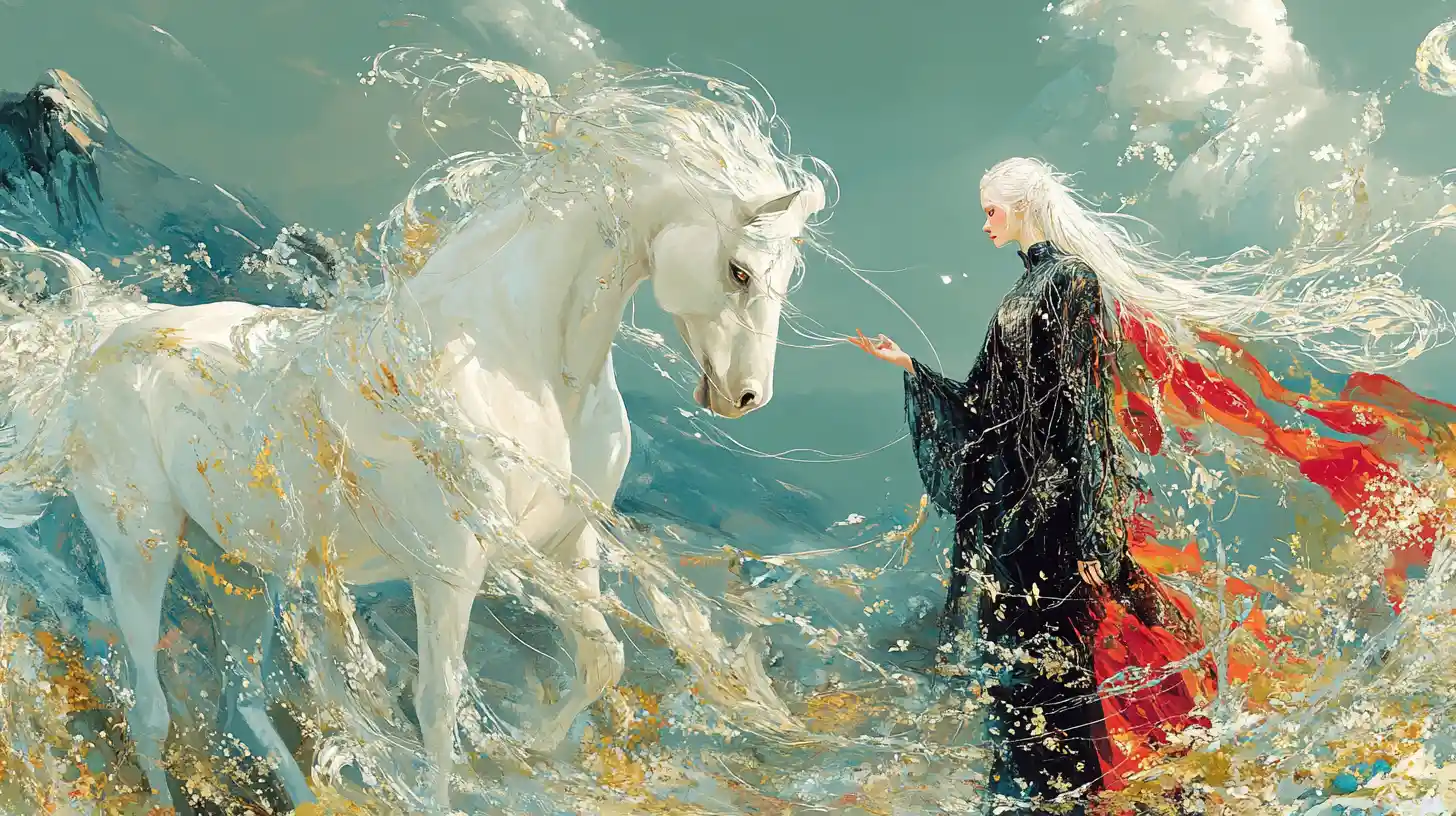 Graceful ballerina with white horse in nordic autumn scene