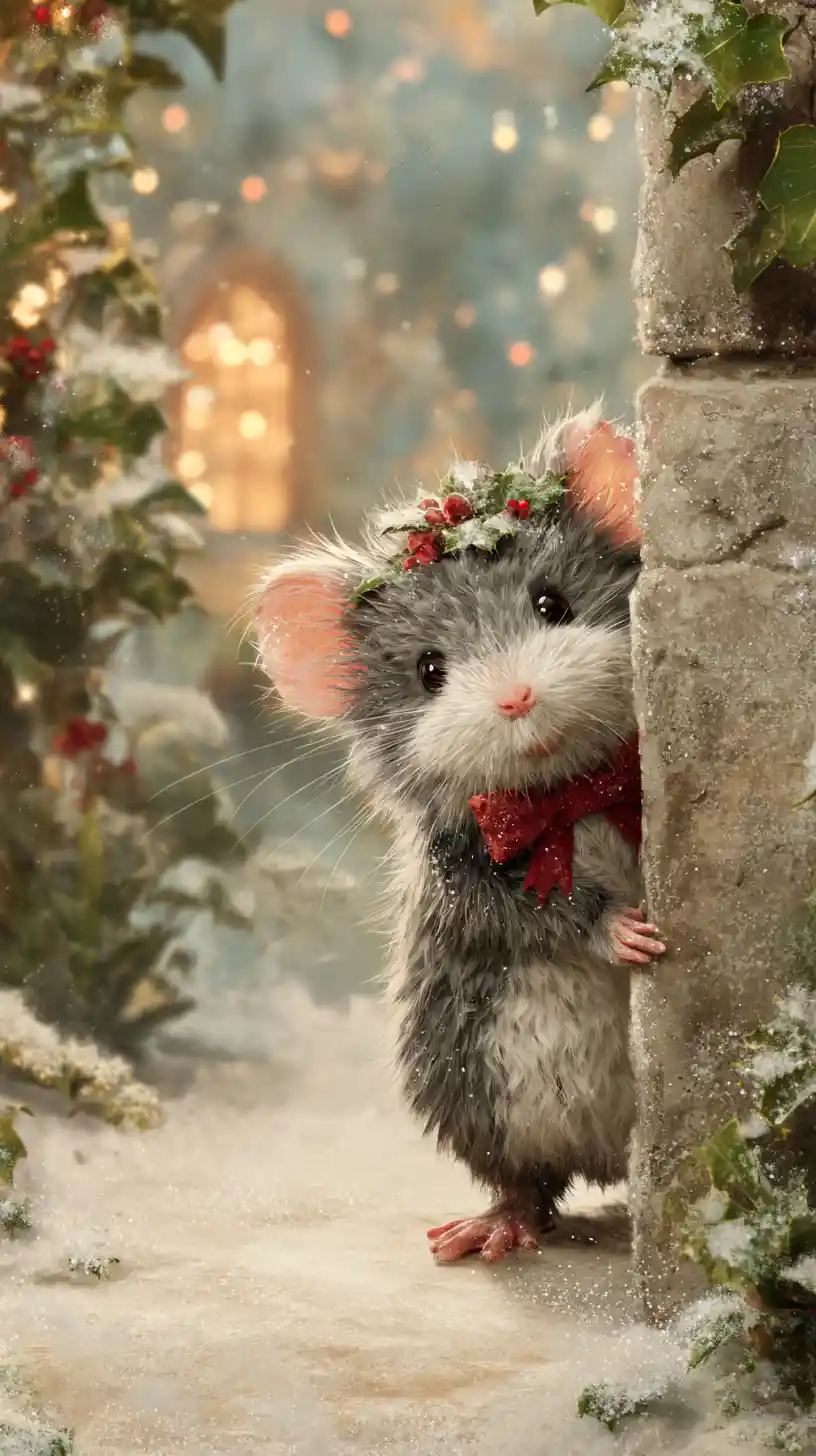 Festive Field Mouse Peeking Around A Snowy Stone Corner