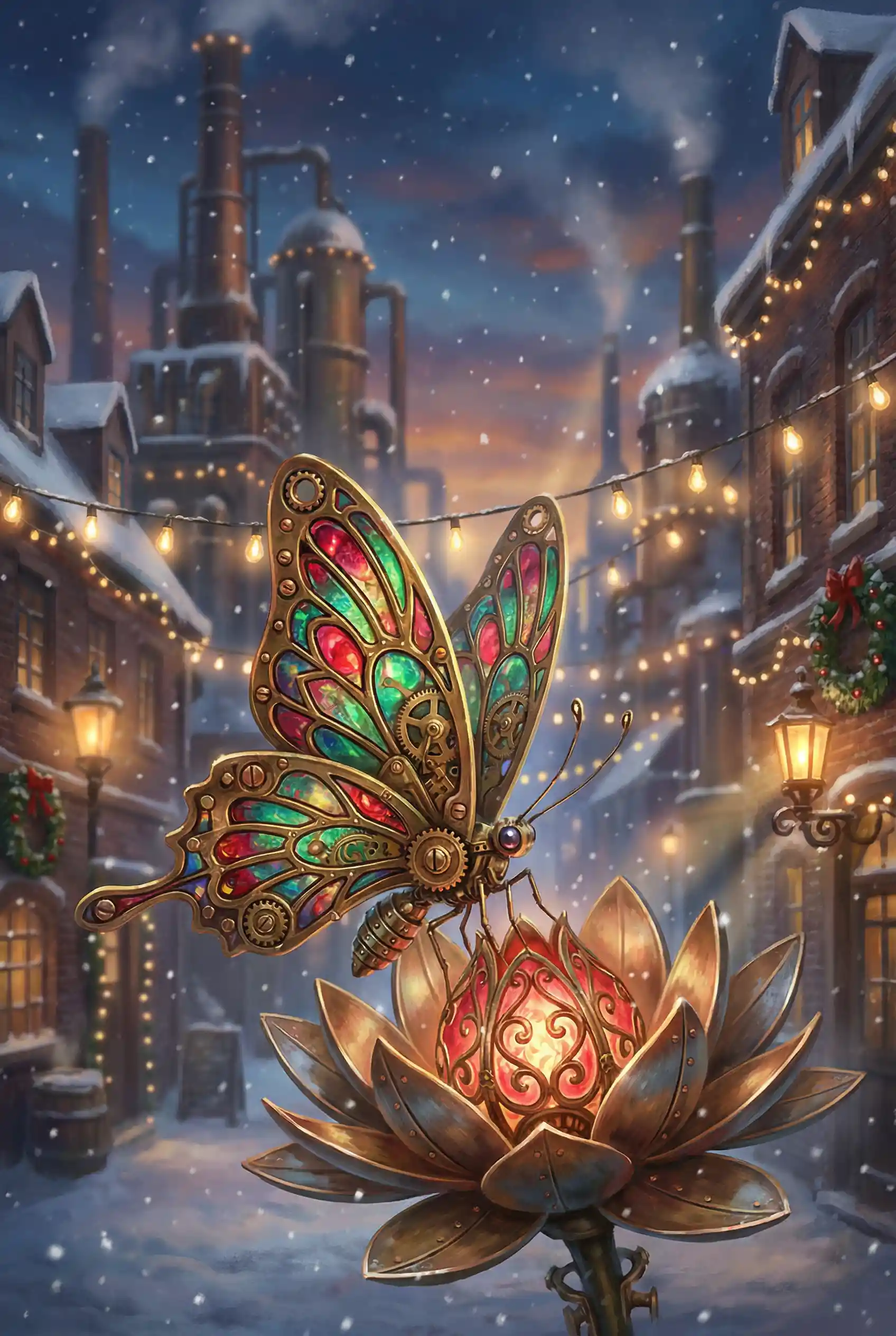 Steampunk-Mechanik-Schmetterling auf leuchtender metallischer Lotusblüte
