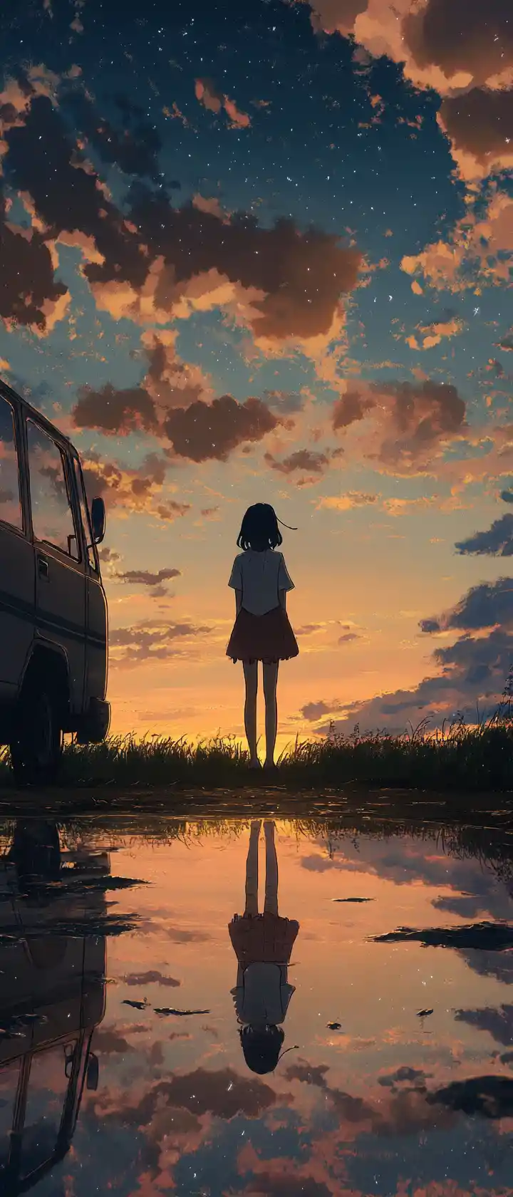 Chica de anime fantasmal reflejada en el cielo del atardecer