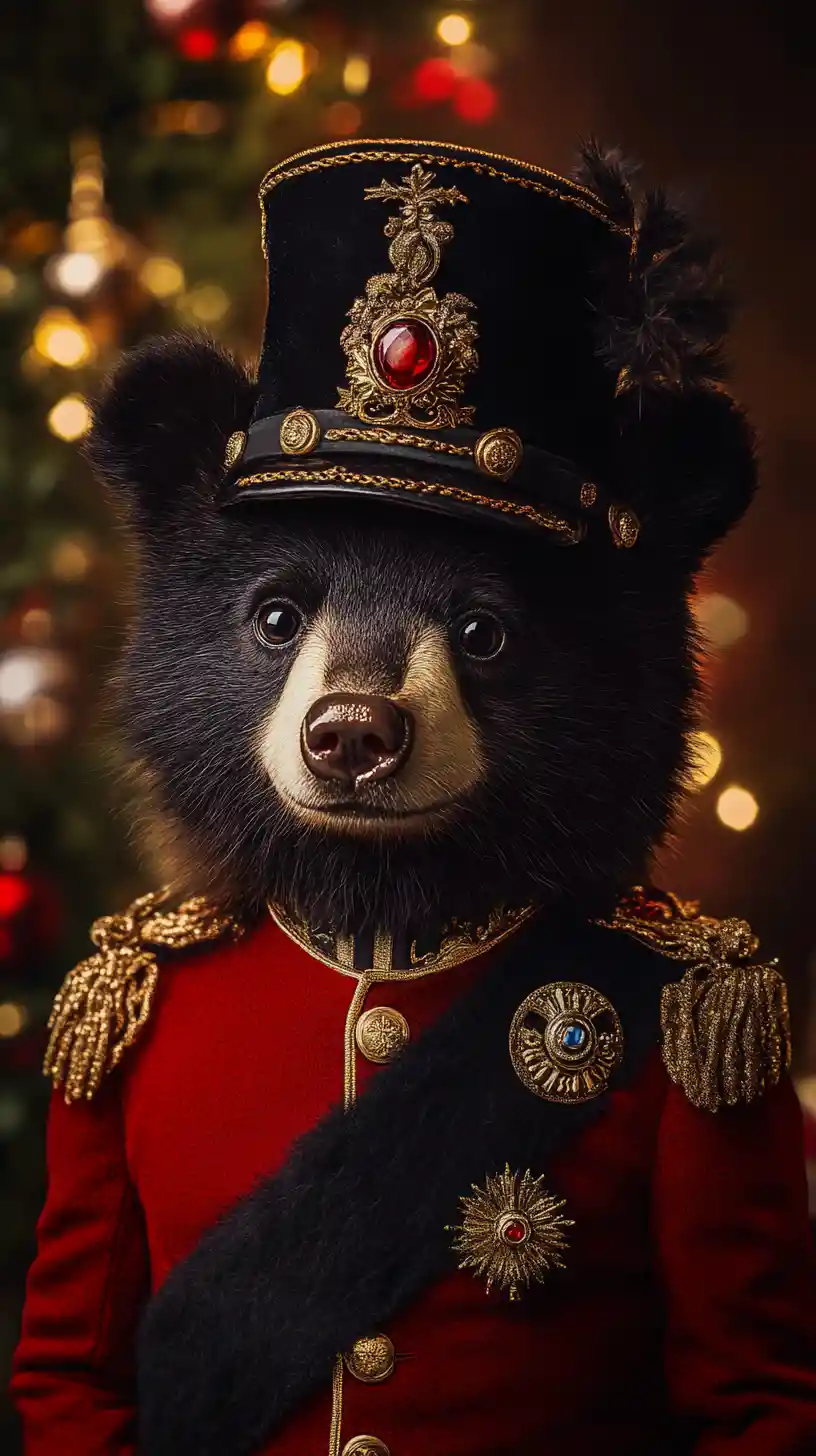 Viktorianisches Spielzeugsoldaten-Bärenporträt mit Weihnachtsbaum