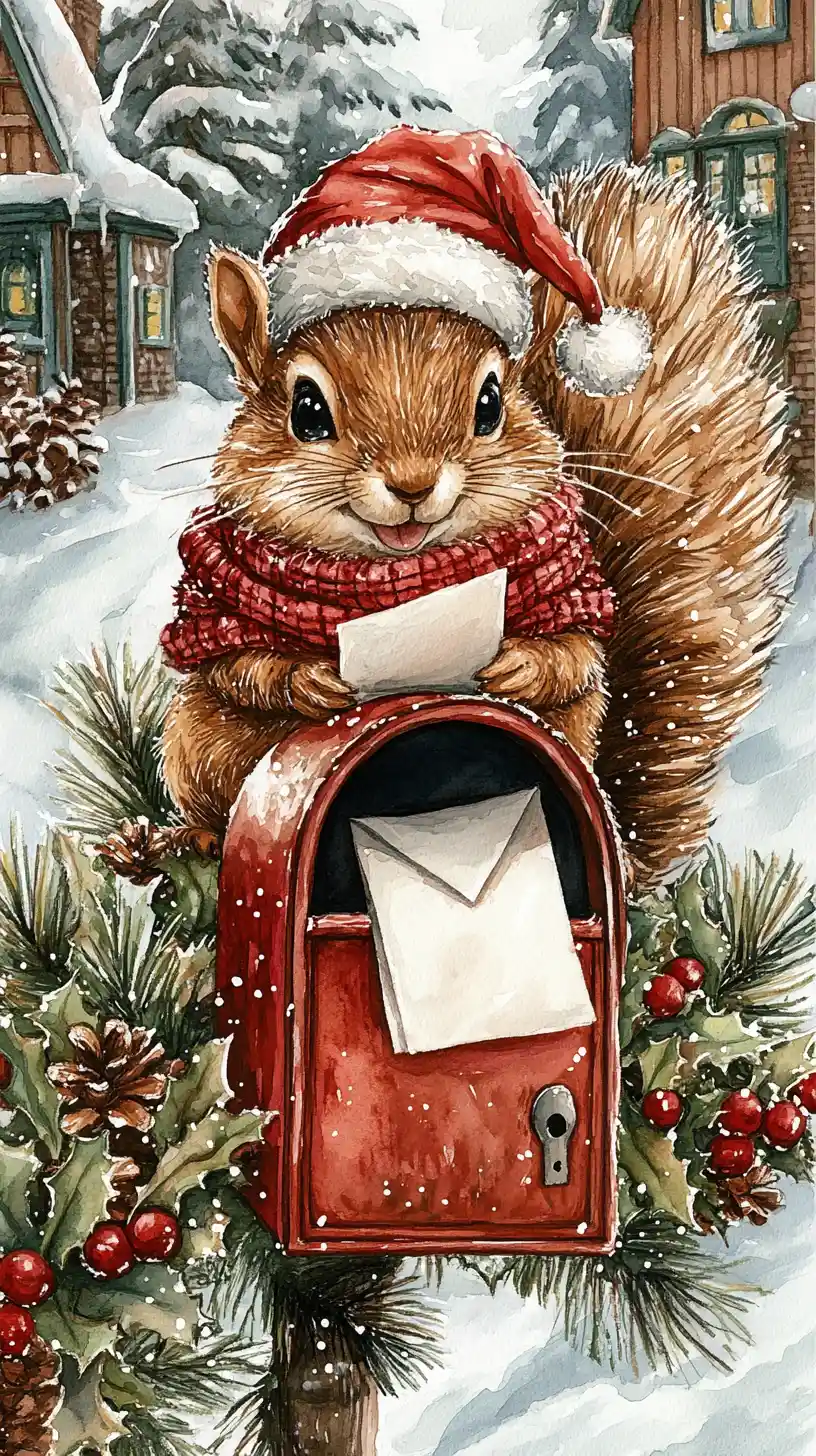 Cute santa squirrel on rustic red christmas mailbox