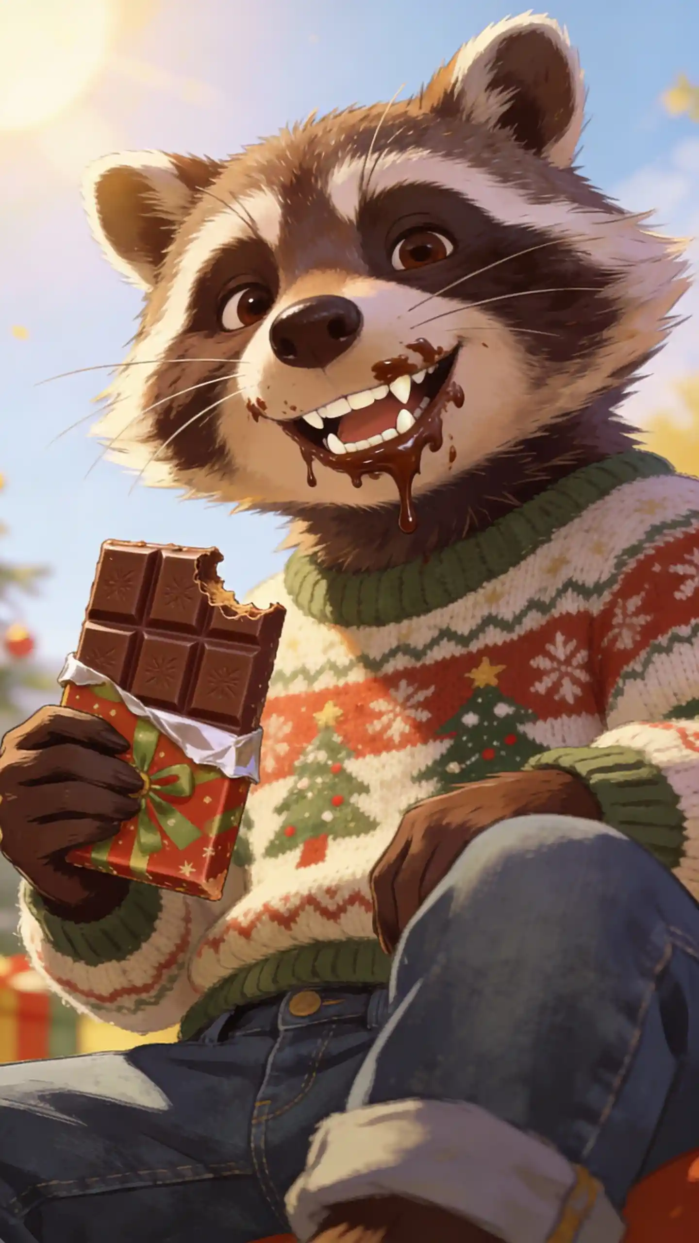 Playful Raccoon With Chocolate In Christmas Sweater
