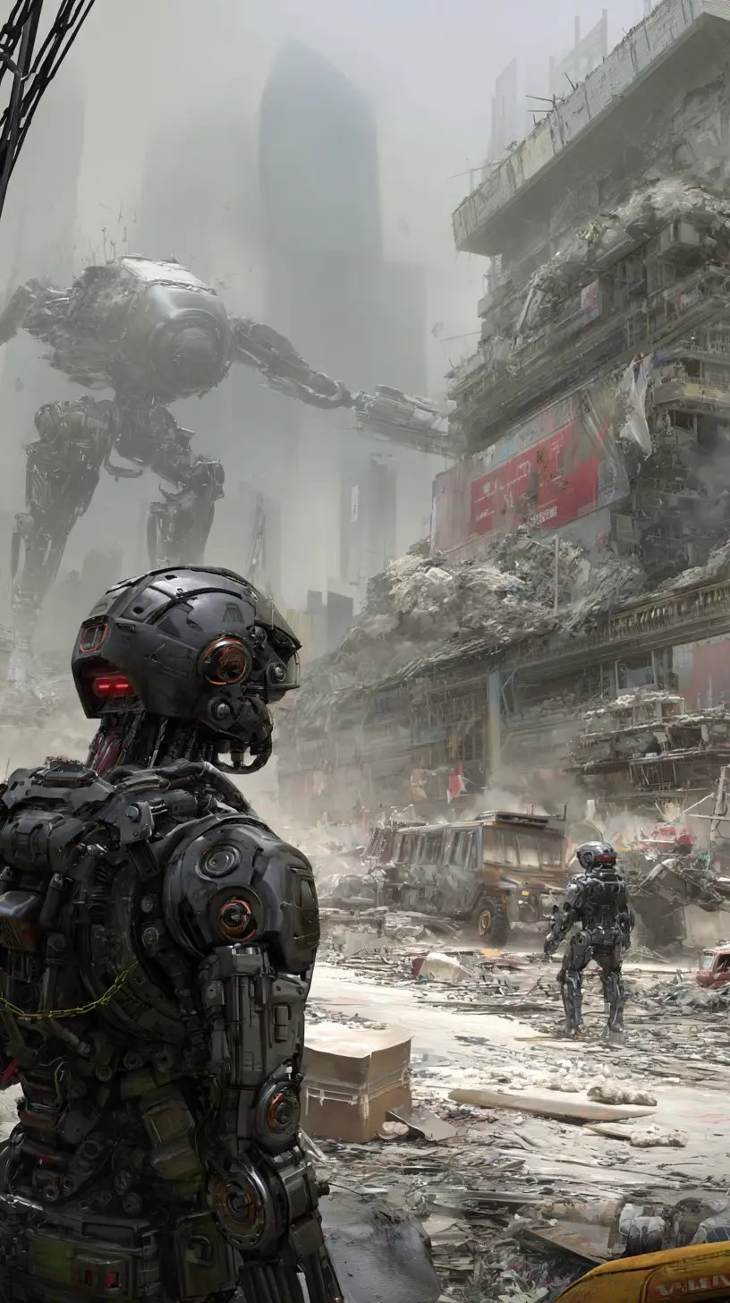 Combat robot in a ruined futuristic post apocalyptic city