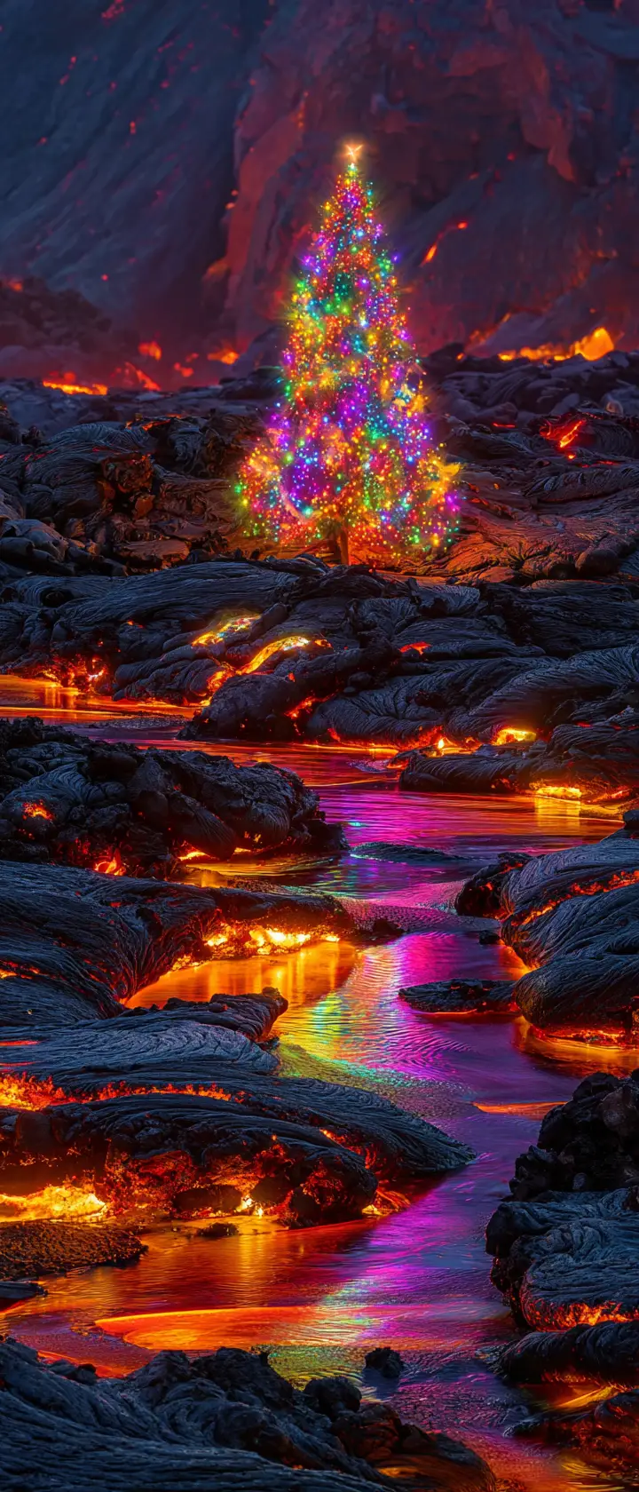Glowing Christmas Tree On Fiery Volcanic Lava Landscape