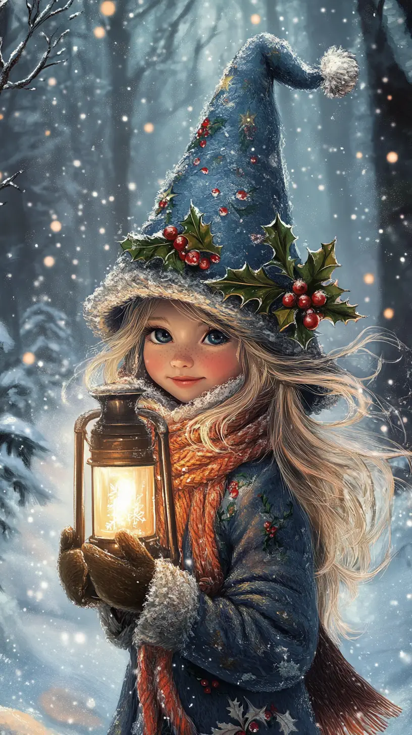 Christmas gnome girl with lantern in snowy forest