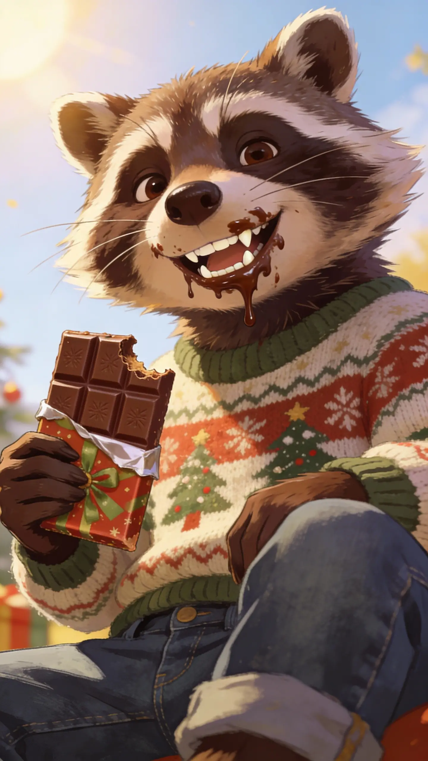 Playful Raccoon With Chocolate In Christmas Sweater