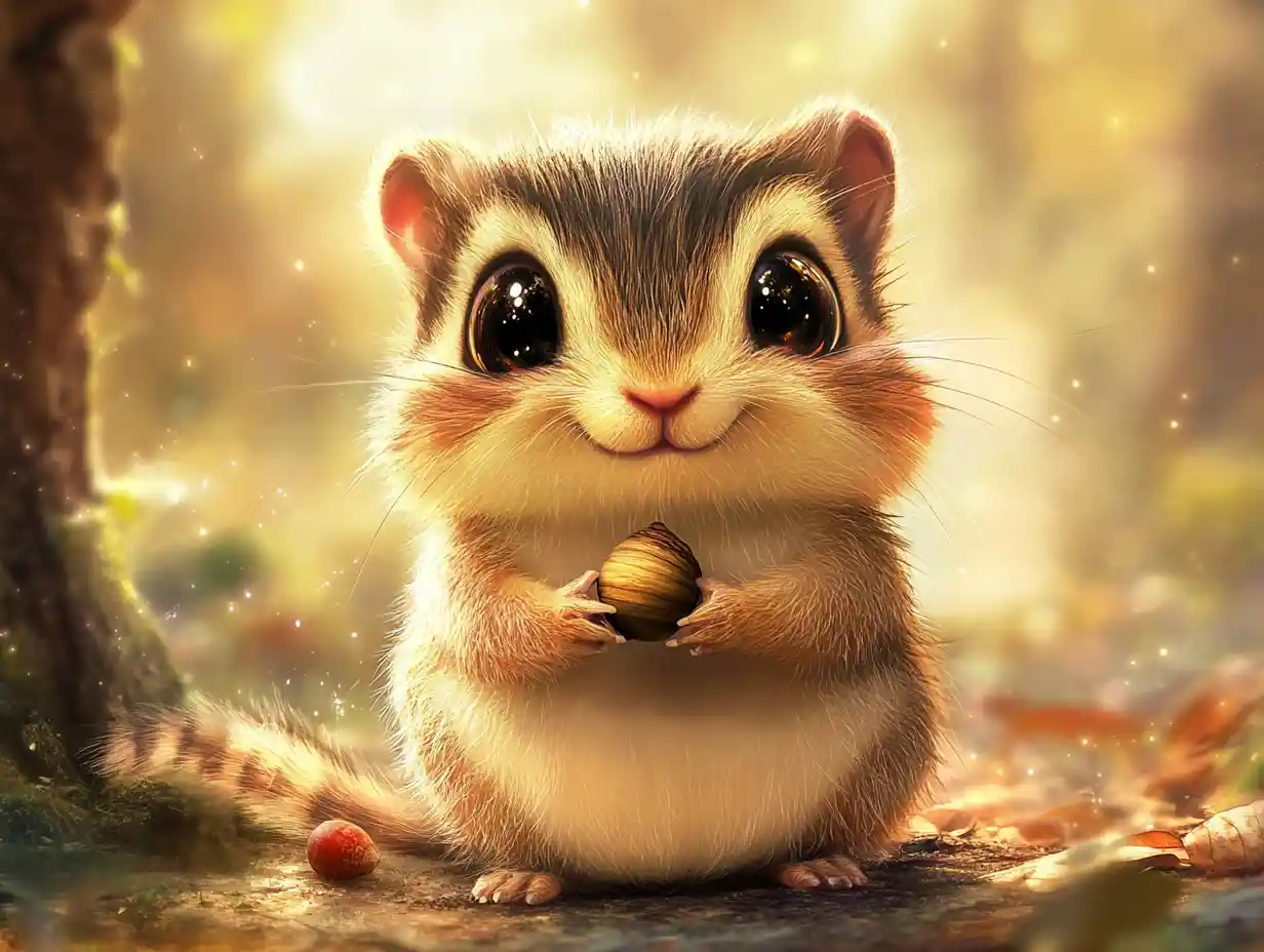 Niedliches Cartoon-Baby-Eichhörnchen mit einer Eichel