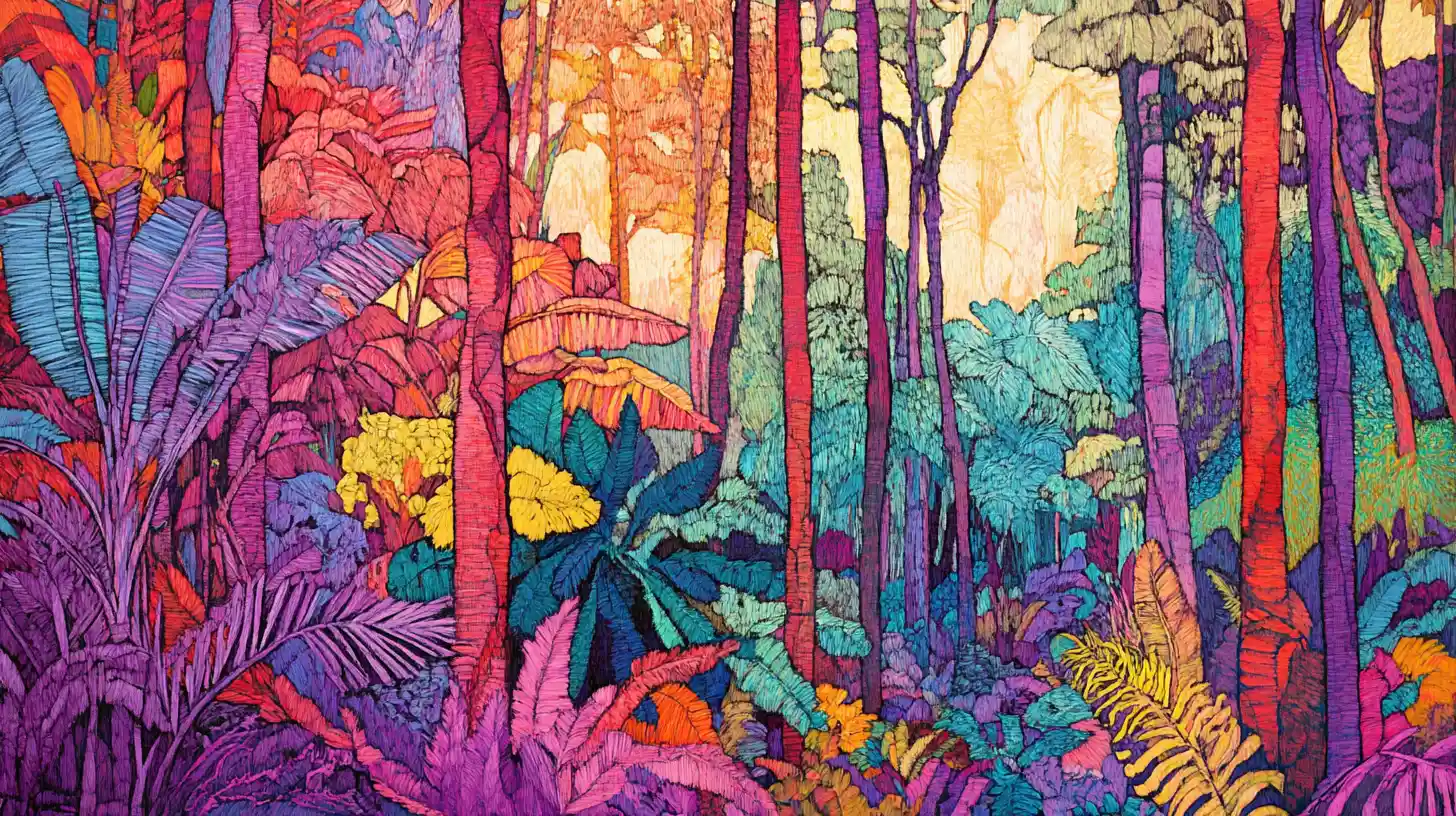 Colorful rainforest line drawing in organic flowing style