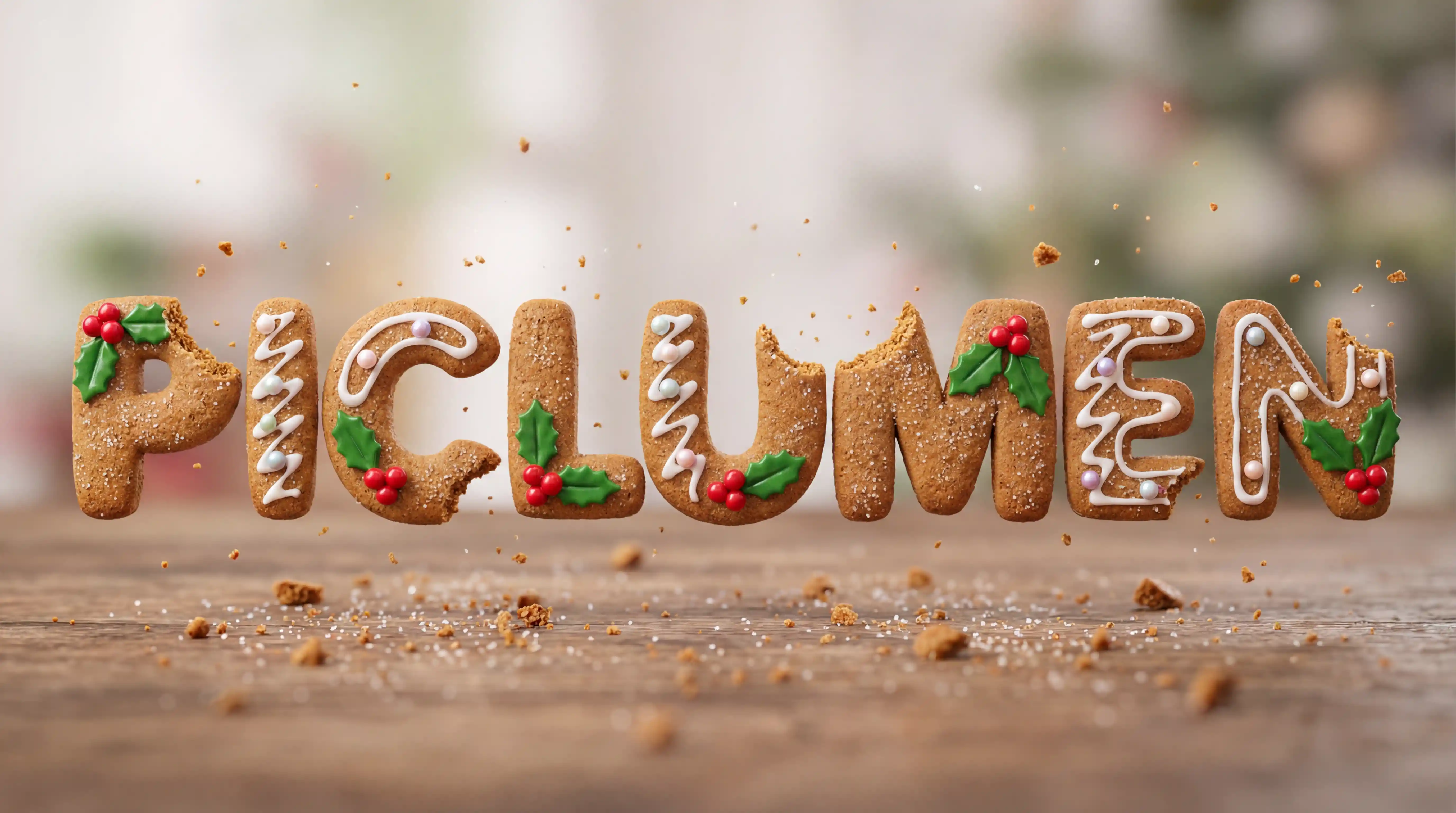 Close up gingerbread text with holly leaves and berries