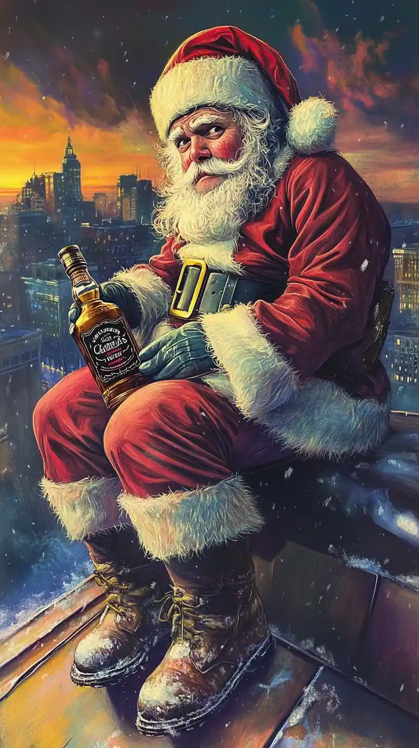Babbo Natale stanco su un tetto invernale della città