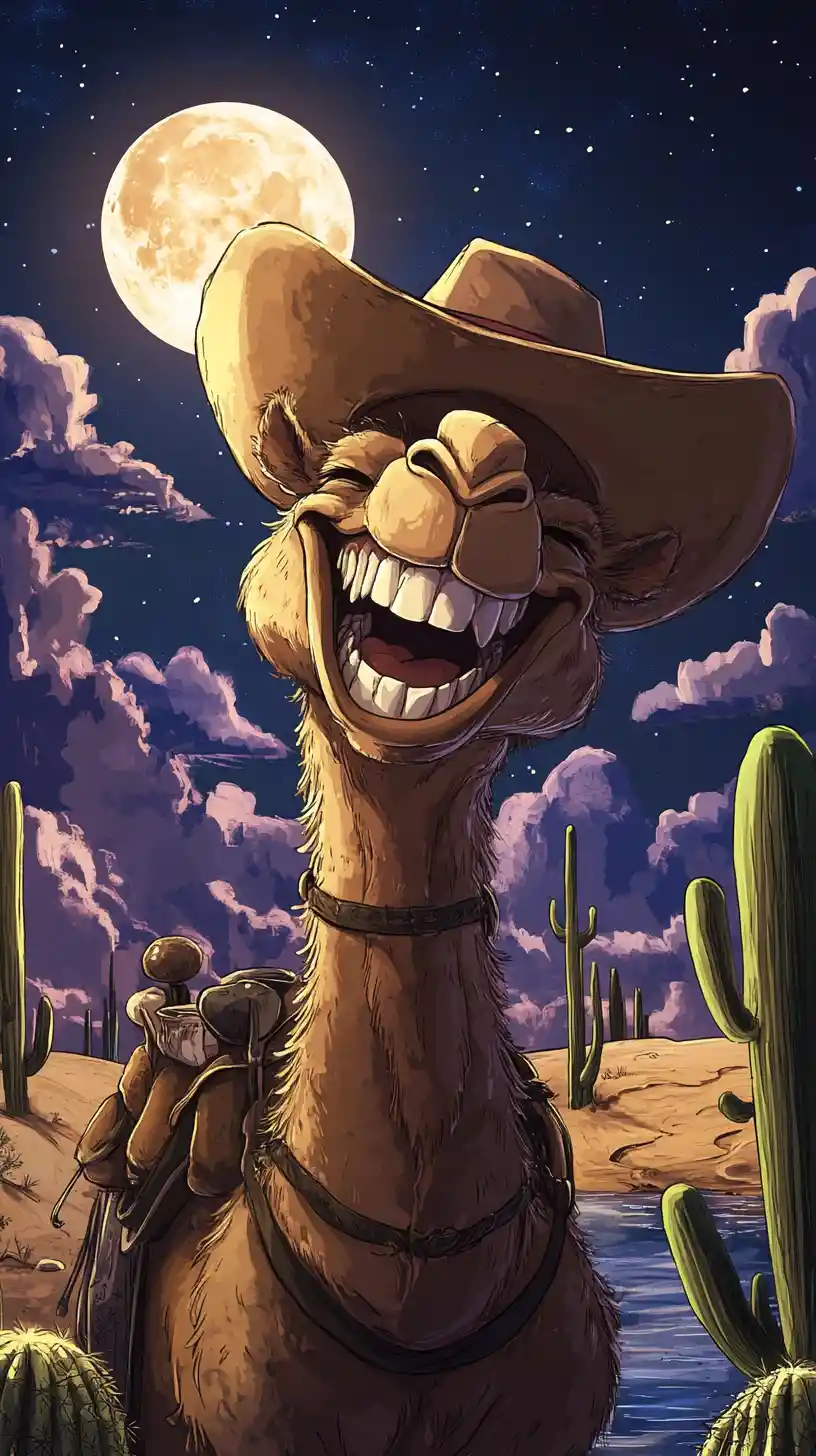 Cartoon cat in cowboy hat in desert moonlight