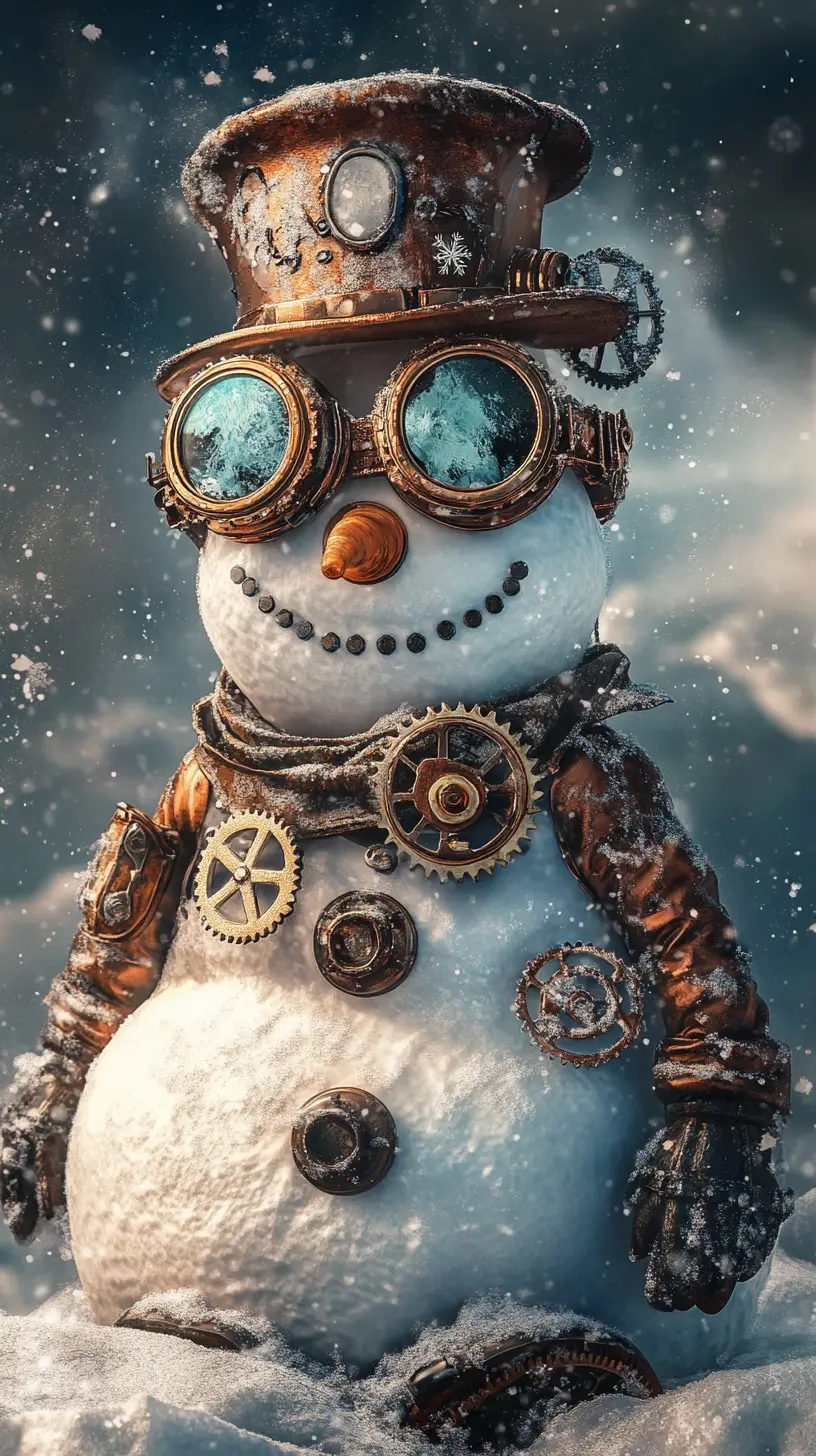 Clockwork snowman in surreal steampunk winter landscape
