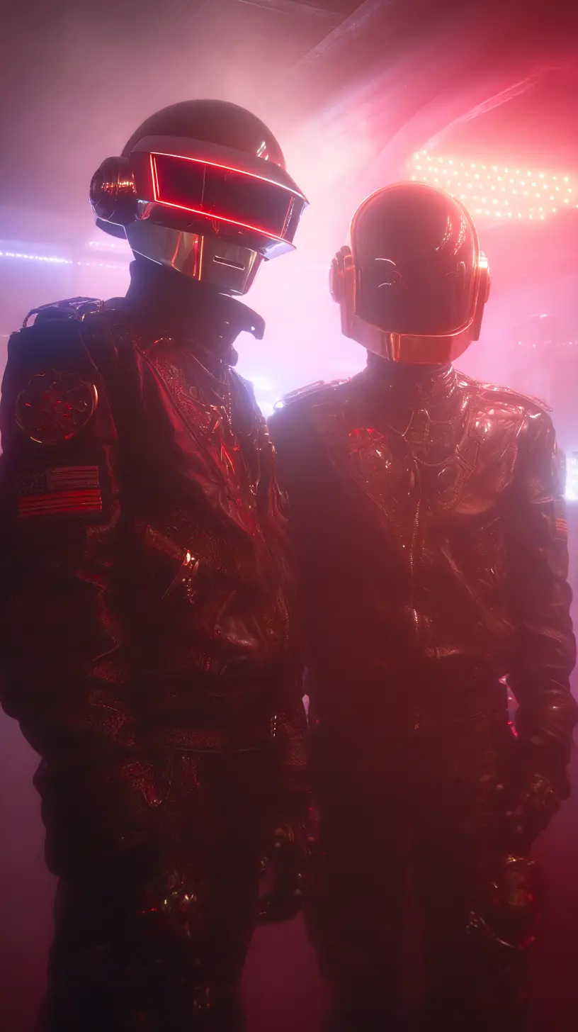 Helmeted electronic music duo in neon paris nightclub