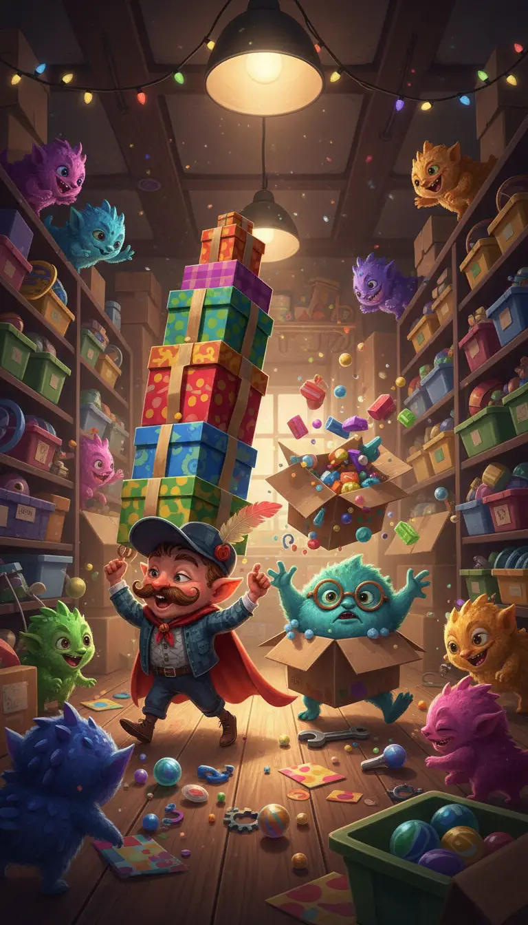 Tiny fantasy creatures causing chaos in a storage room