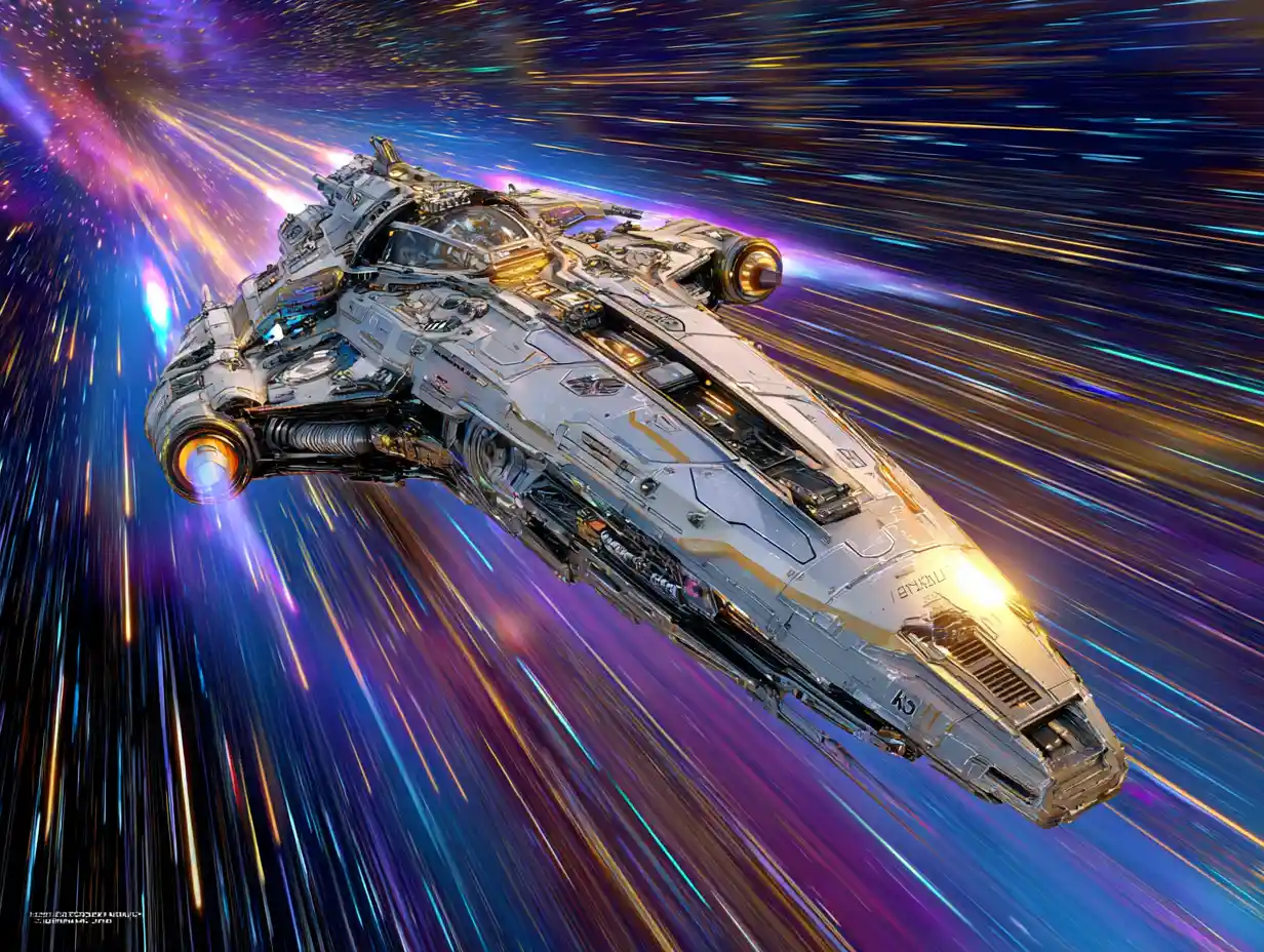 Futuristic silver spaceship escaping earth into deep space