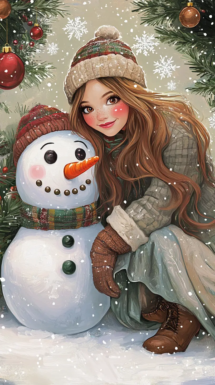 Woman Crouching Beside Cute Snowman In Winter Forest