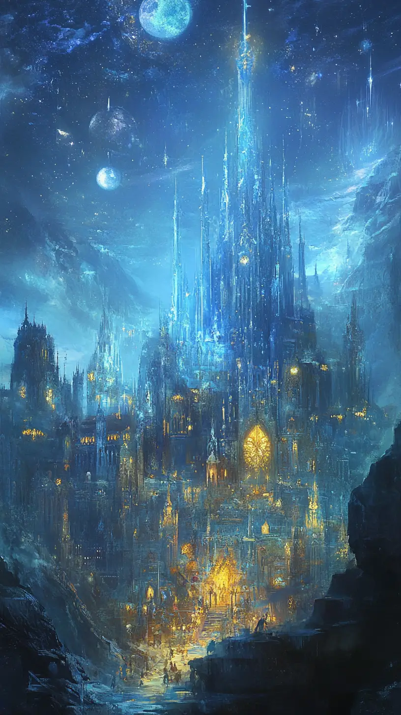 Whimsical fantasy town with shimmering ice palace