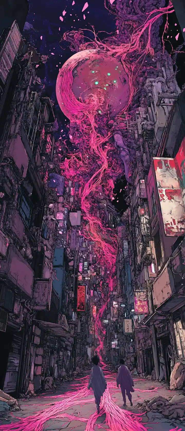 Children Walking Backwards Through Decaying Neon City Streets
