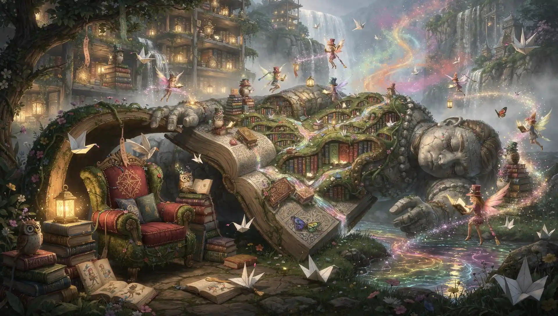 Sleeping stone giant library in a misty fantasy valley