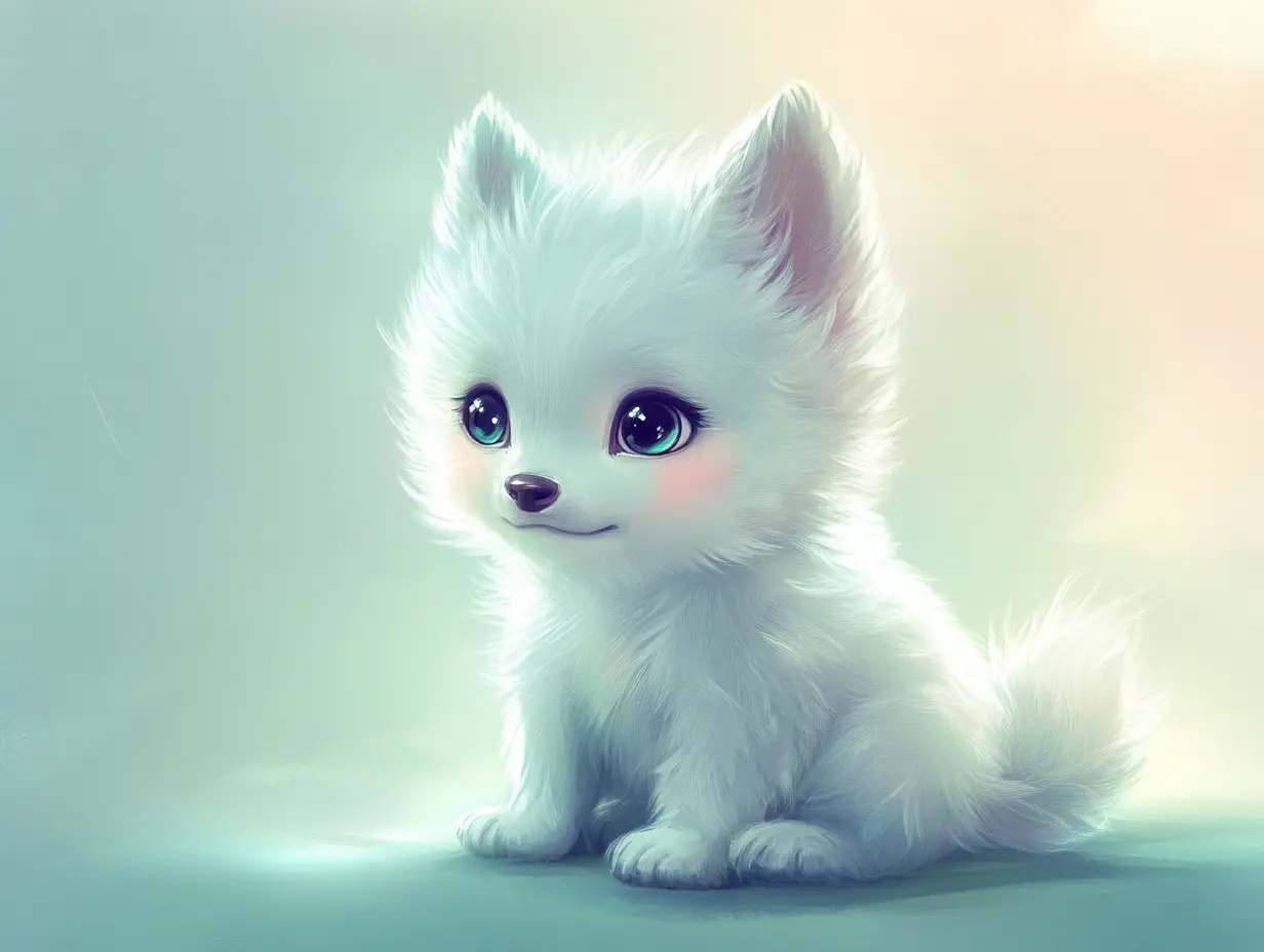 Adorable white wolf pup sitting on soft studio background
