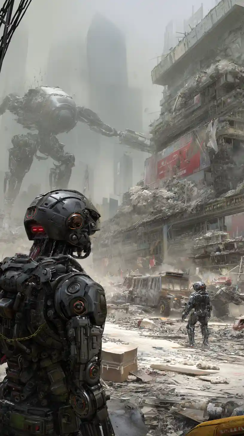 Combat robot in a ruined futuristic post apocalyptic city