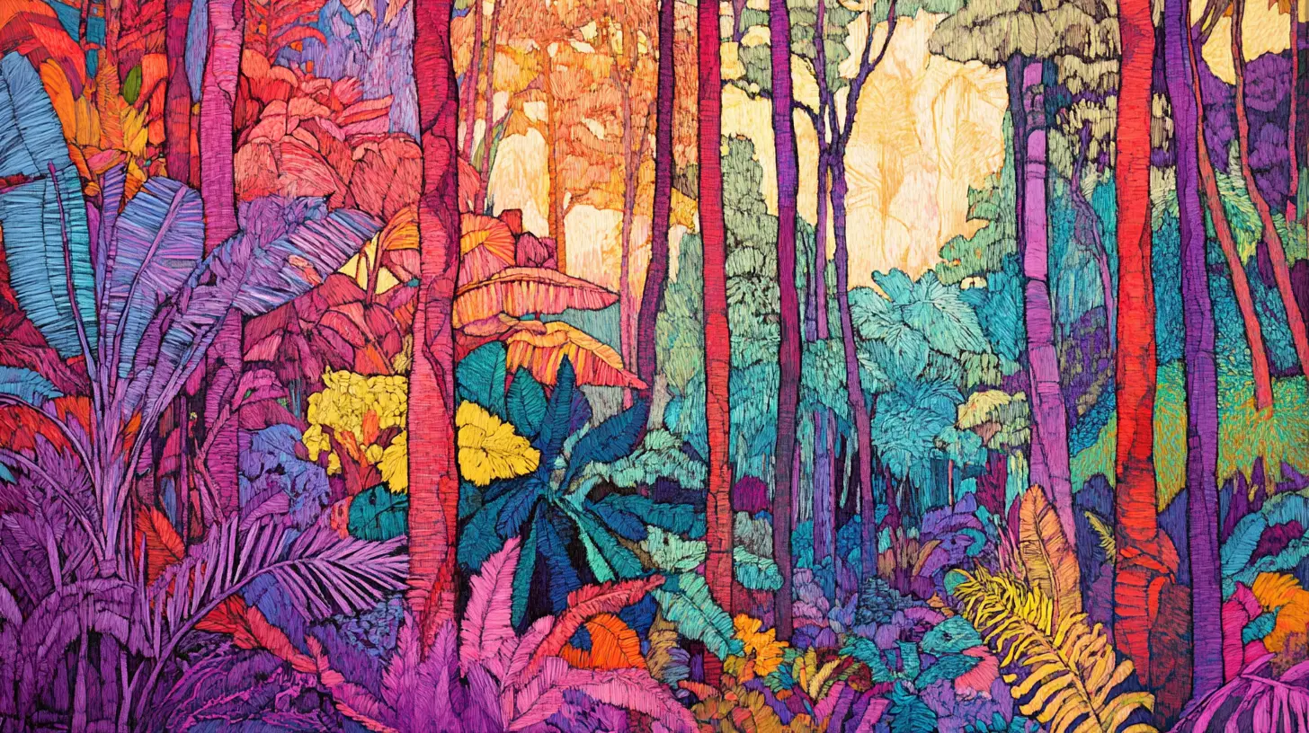 Colorful rainforest line drawing in organic flowing style