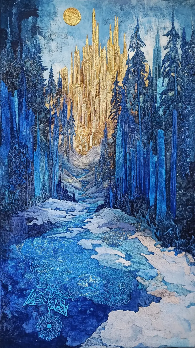 Whimsical fantasy town with shimmering ice palace towers