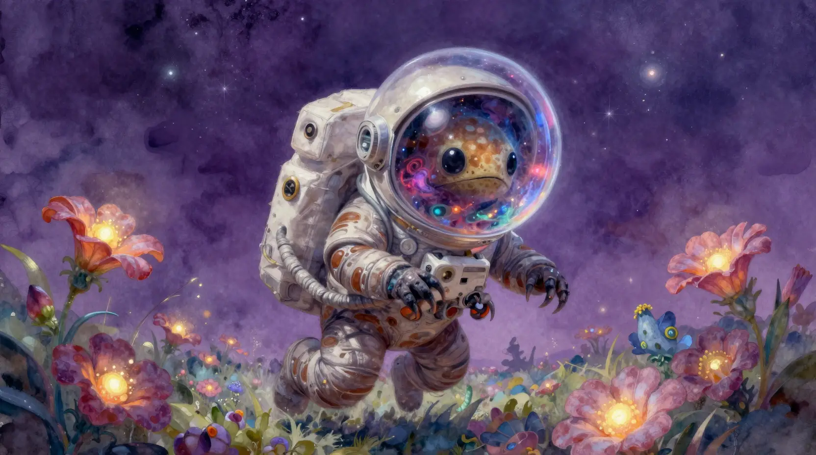 Tardigrade Astronaut Floating Among Glowing Alien Flowers