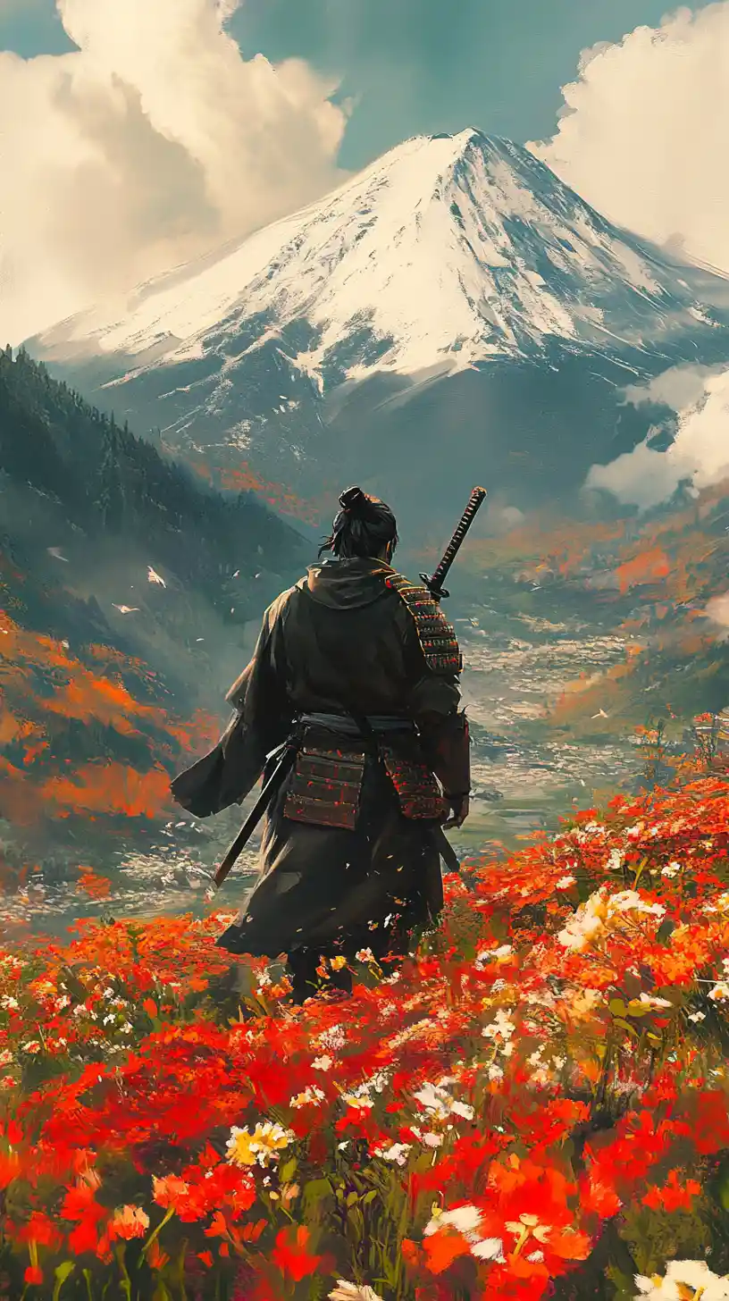 Lone samurai overlooking a vast field of flowers