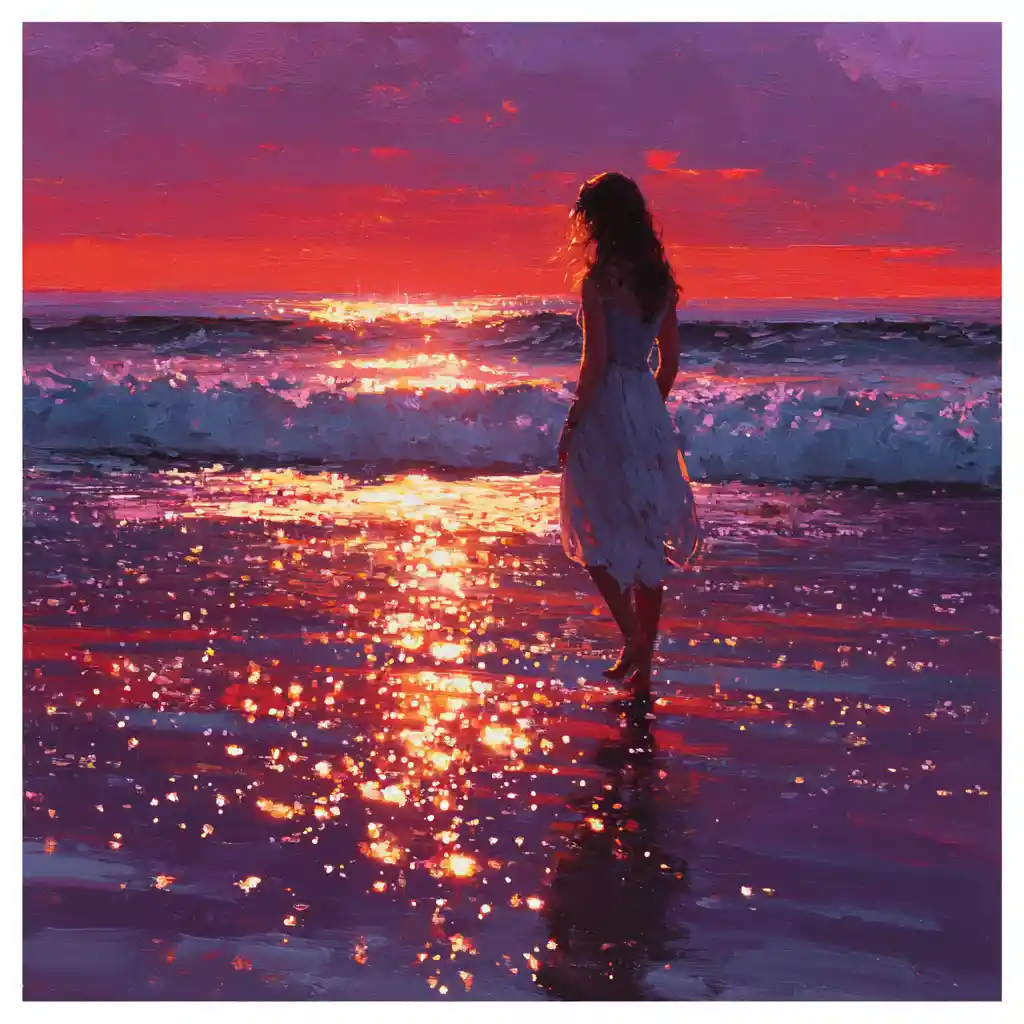Woman standing on a quiet beach at sunrise
