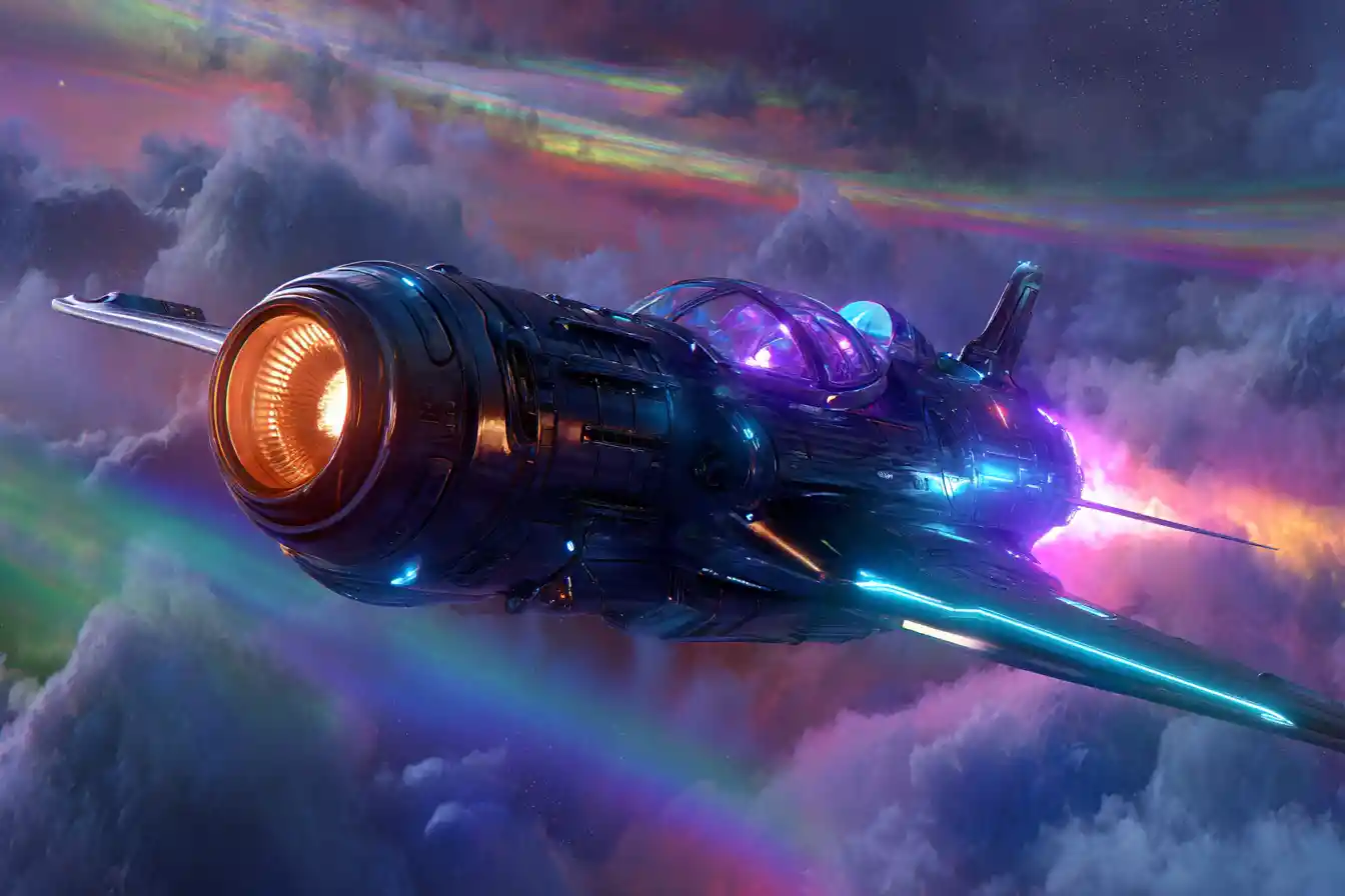 Futuristic Neon Rocket Ship Soaring Through Outer Space