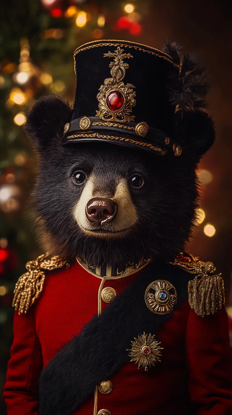 Victorian toy soldier bear portrait with Christmas tree