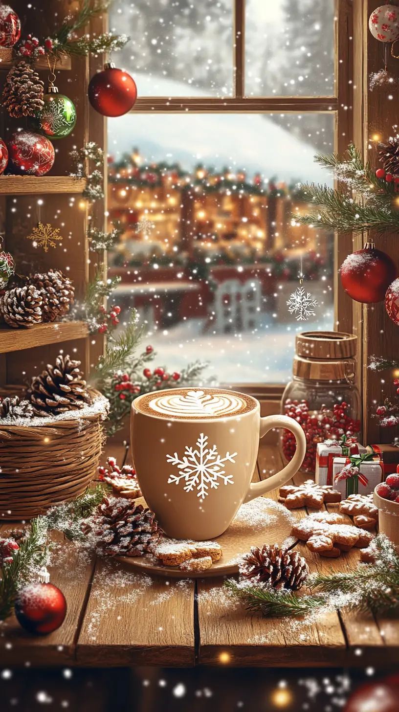 Cozy vintage postcard of latte and Christmas treats