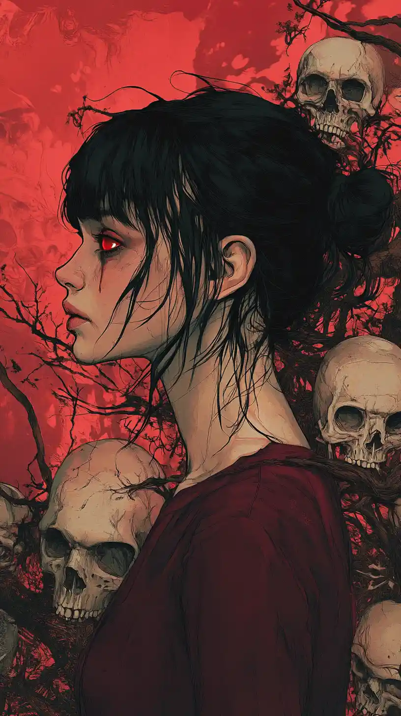 Young woman portrait before skulls and twisted branches